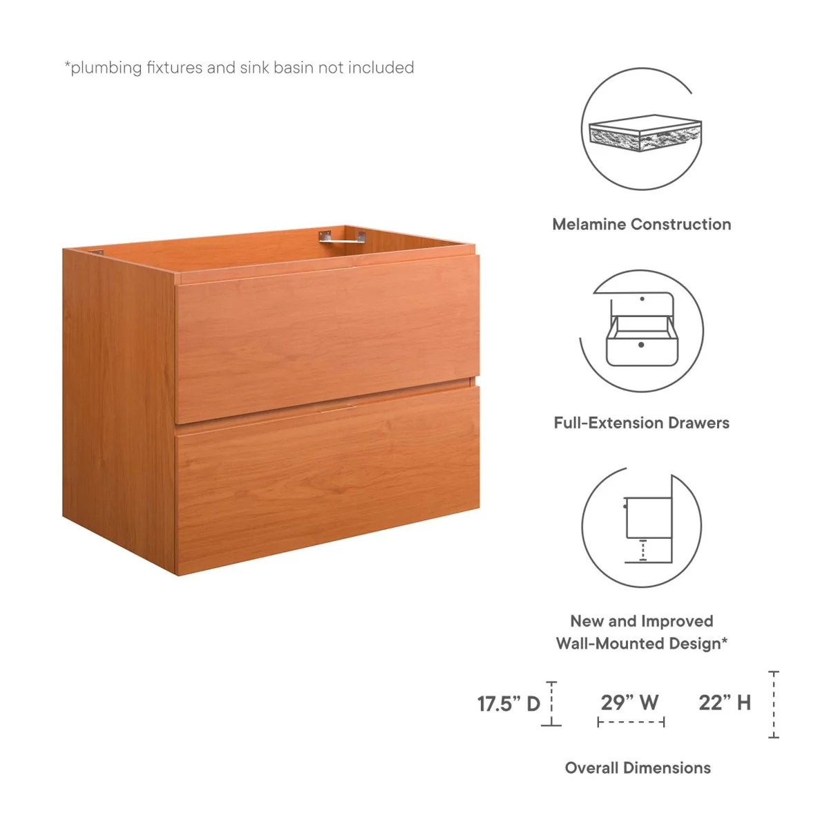 Cherry Walnut Wall-Mount Bathroom Vanity Cabinet – Melamine Finish, Multiple Widths - Image 20