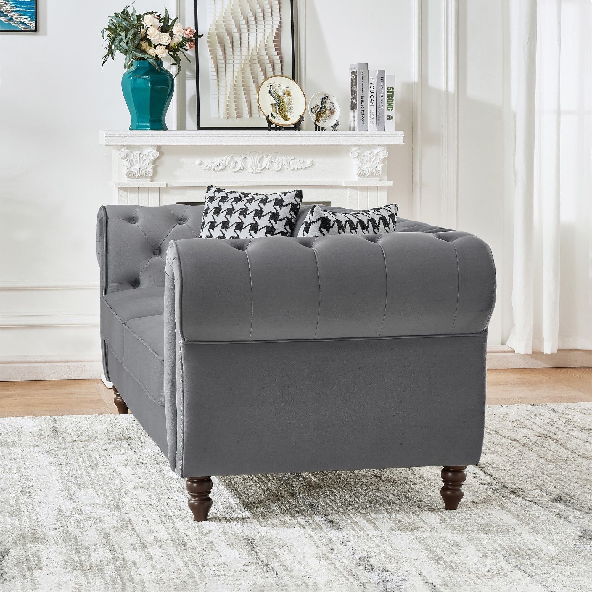Chesterfield Upholstery Fabric Sofa With Roll Armrest & Nailhead, Mid Century Modern 3 And 3 Seater Couch - Image 8