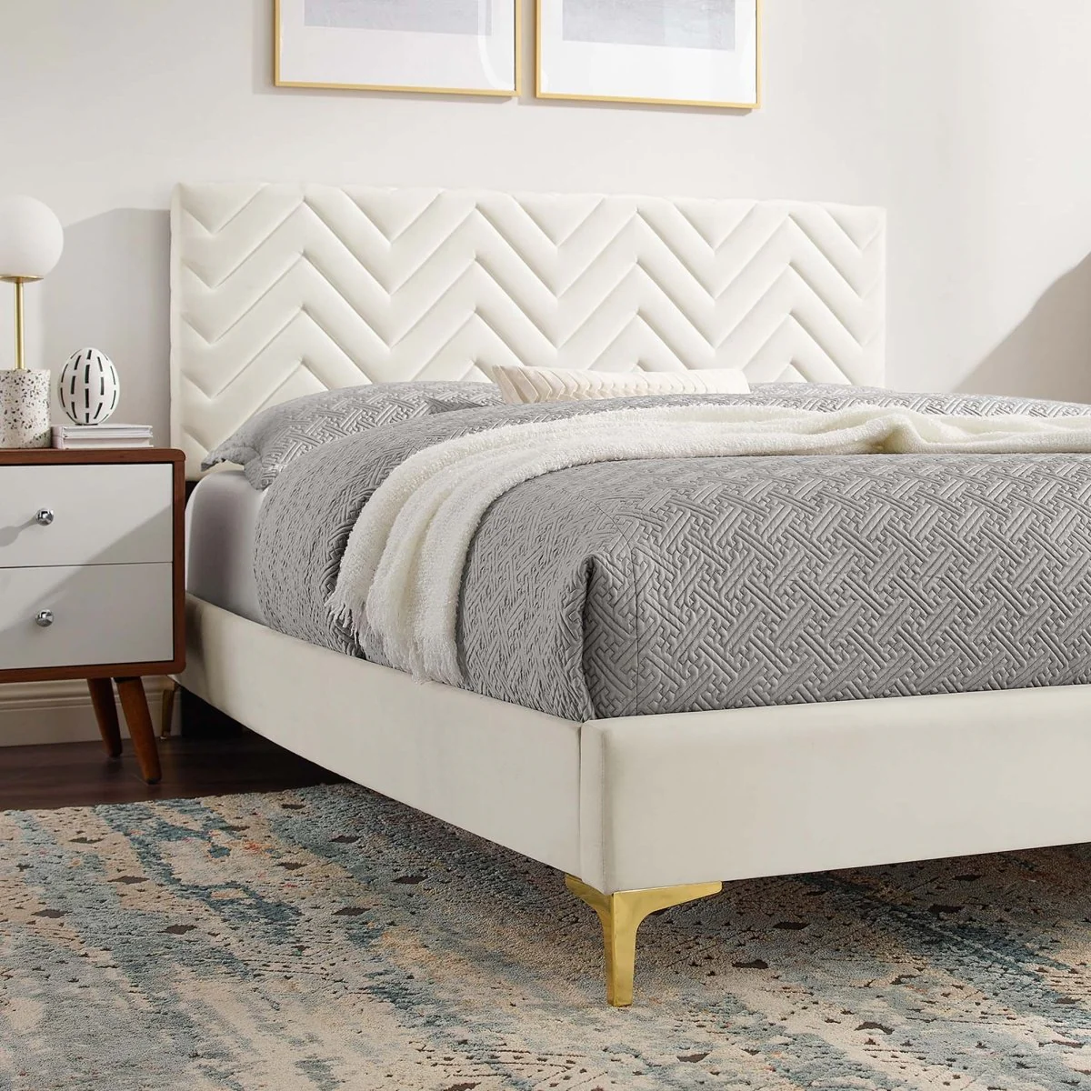 Chevron Tufted Performance Velvet Platform Bed with Gold Metal Legs - Image 3