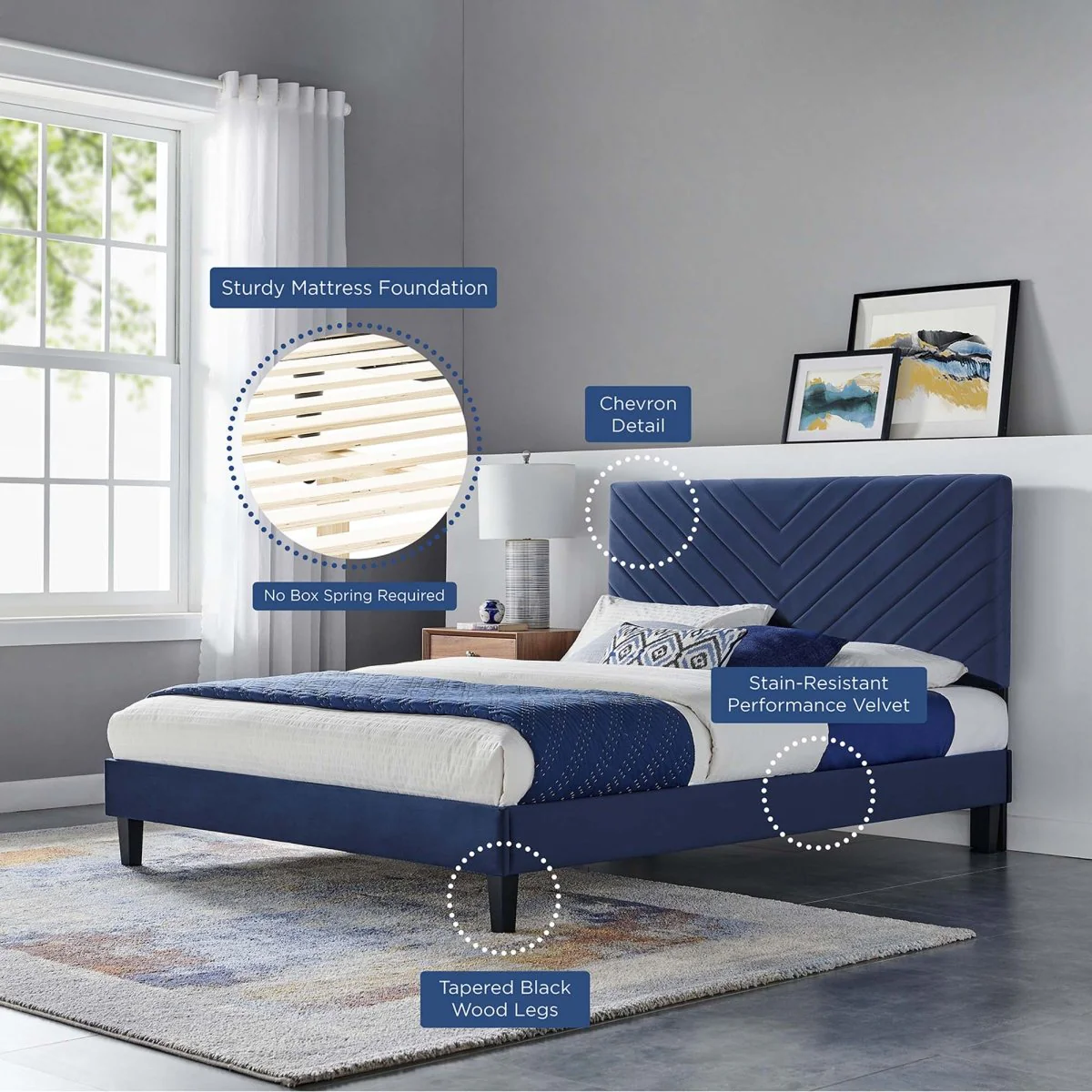 Chevron Tufted Performance Velvet Platform Bed with Tapered Black Legs - Image 9