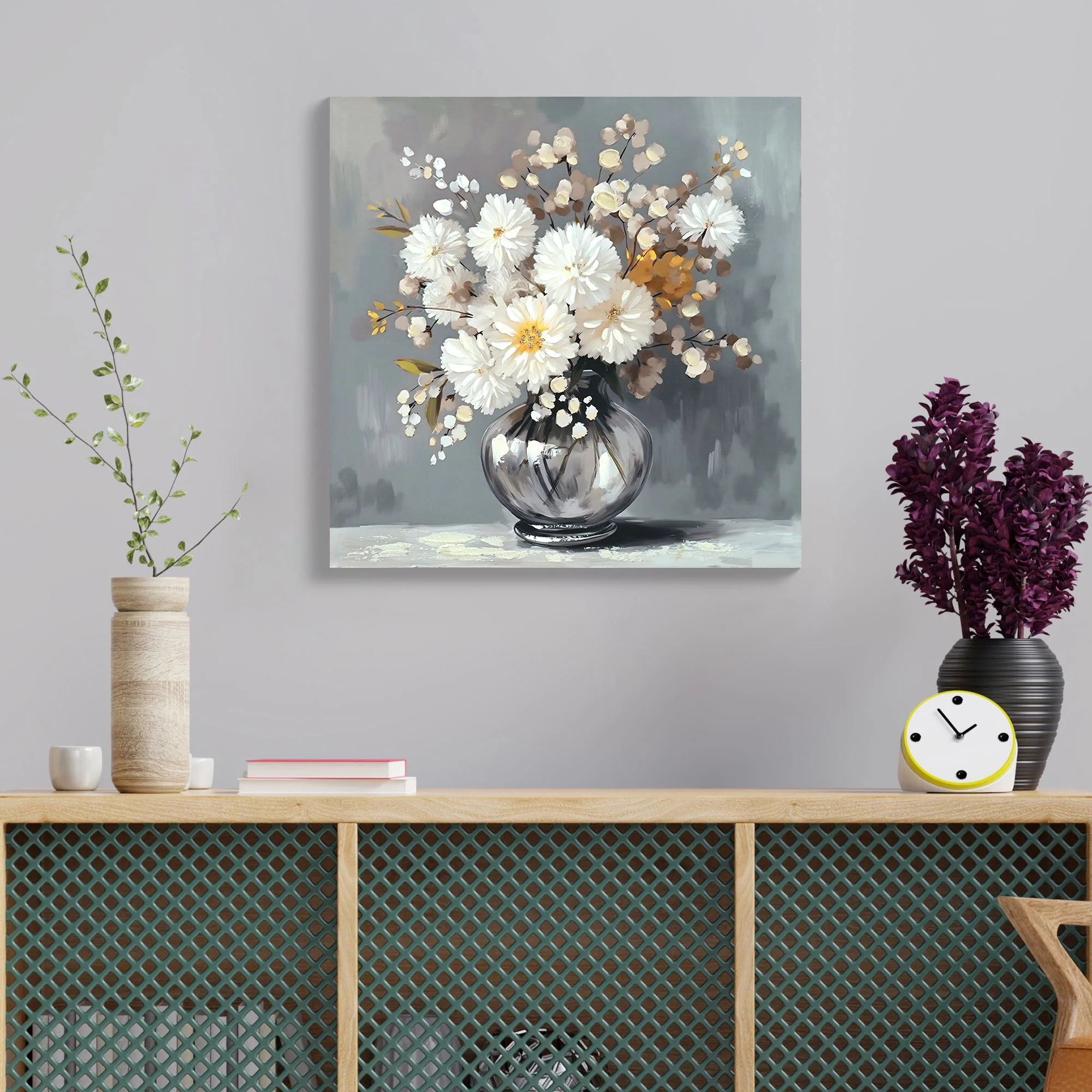 Chrysanthemum Vase Canvas Wall Art Decor Country - Stone White - Image 6