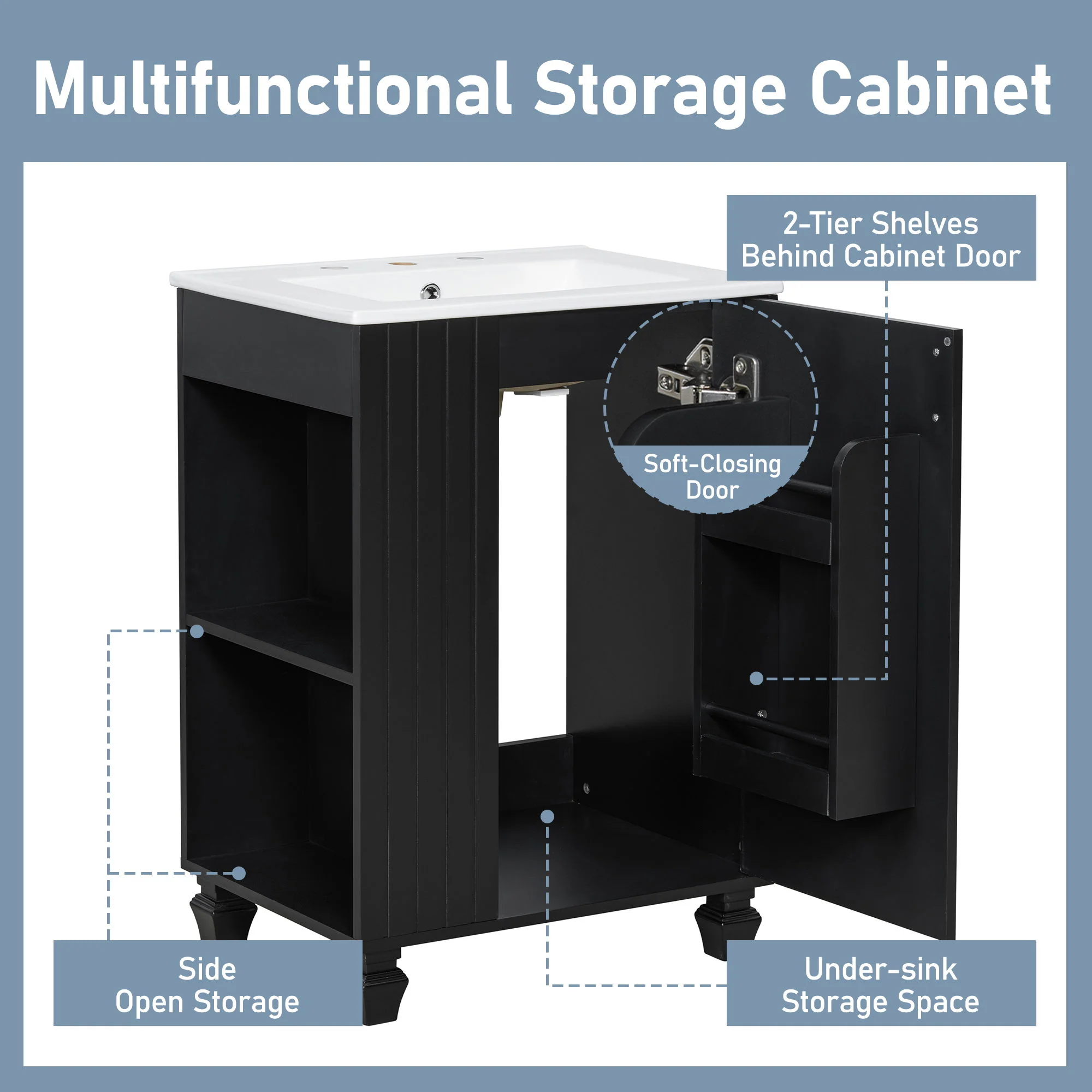 Classic Retro Bathroom Vanity With Sink, Door Shelf, Side Open Storage Frame - Image 15