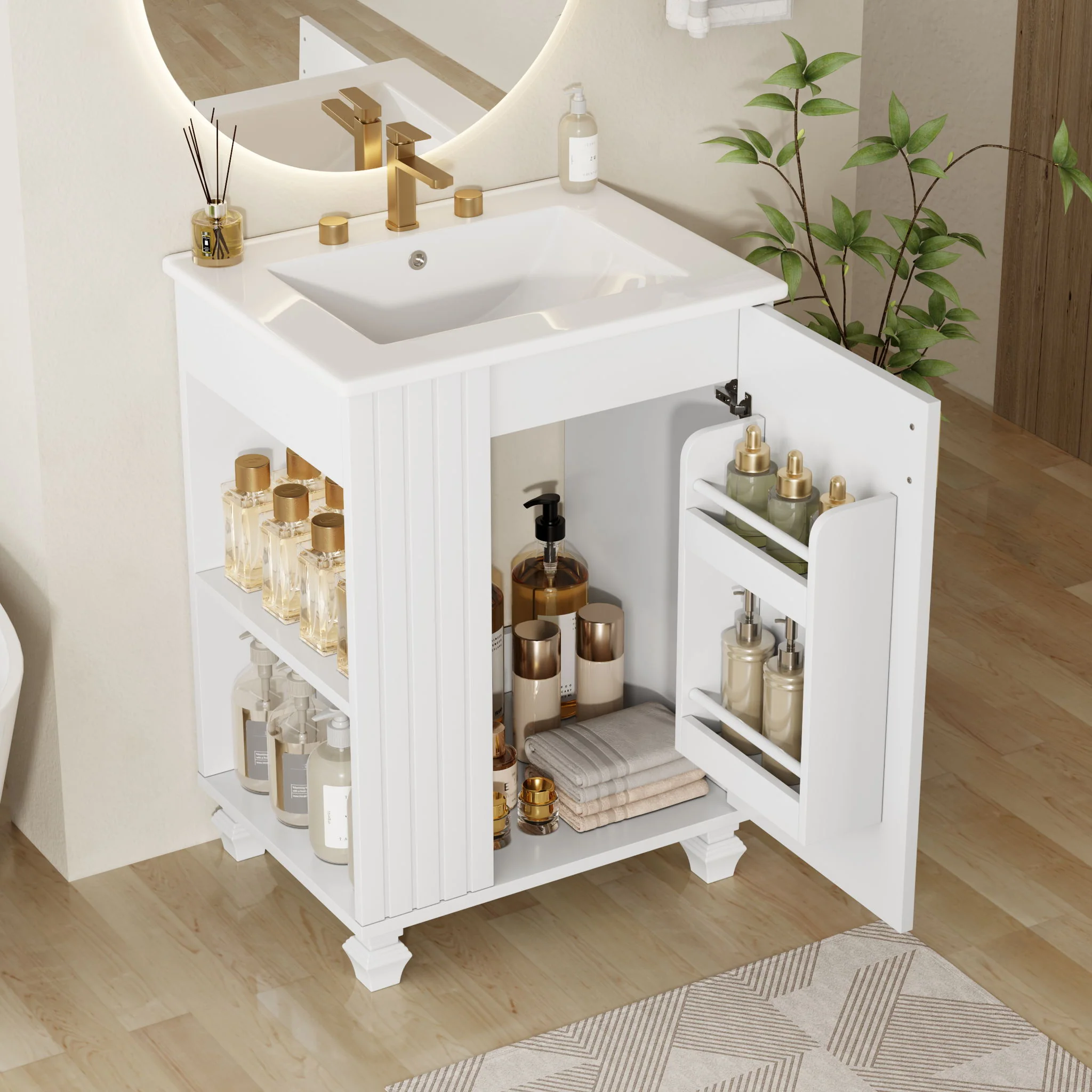 Classic Retro Bathroom Vanity With Sink, Door Shelf, Side Open Storage Frame - Image 22