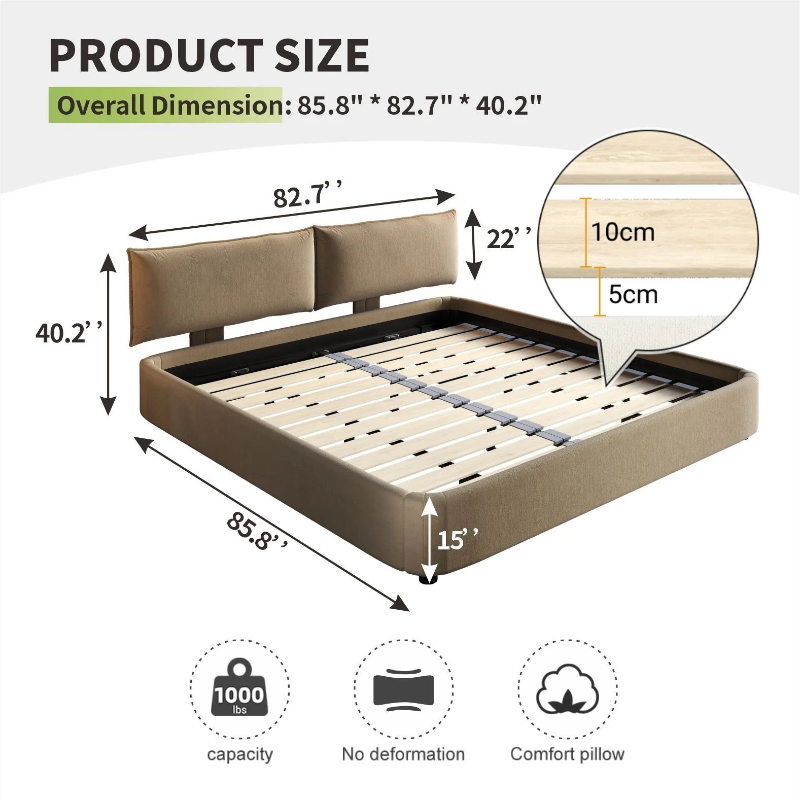 Cloud Bed Frame With Oversized Padded Movable Headboard - Image 5