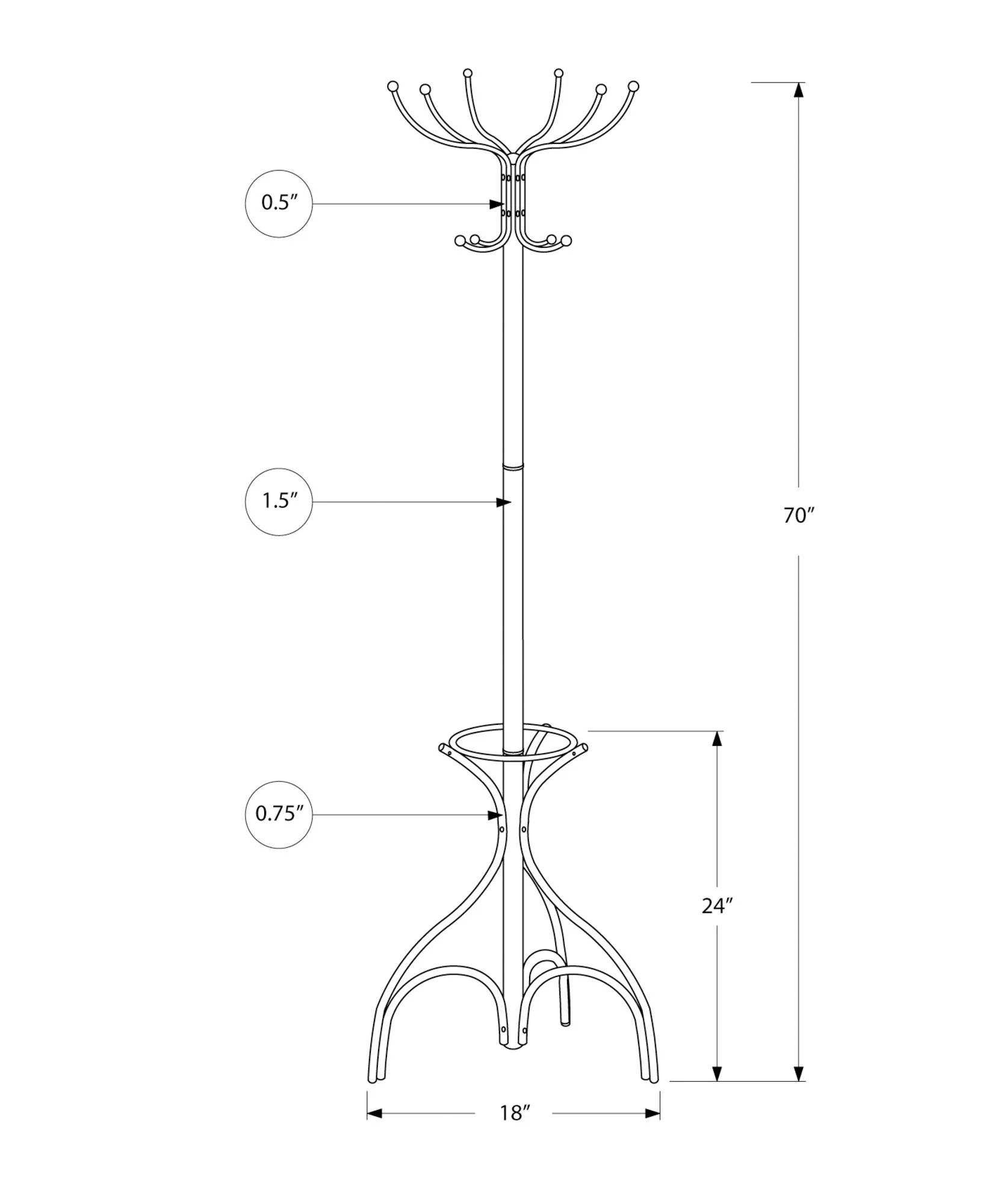 Coat Rack, Hall Tree, Free Standing, 12 Hooks, Entryway, 70"H, Umbrella Holder, Contemporary & Modern - Image 5