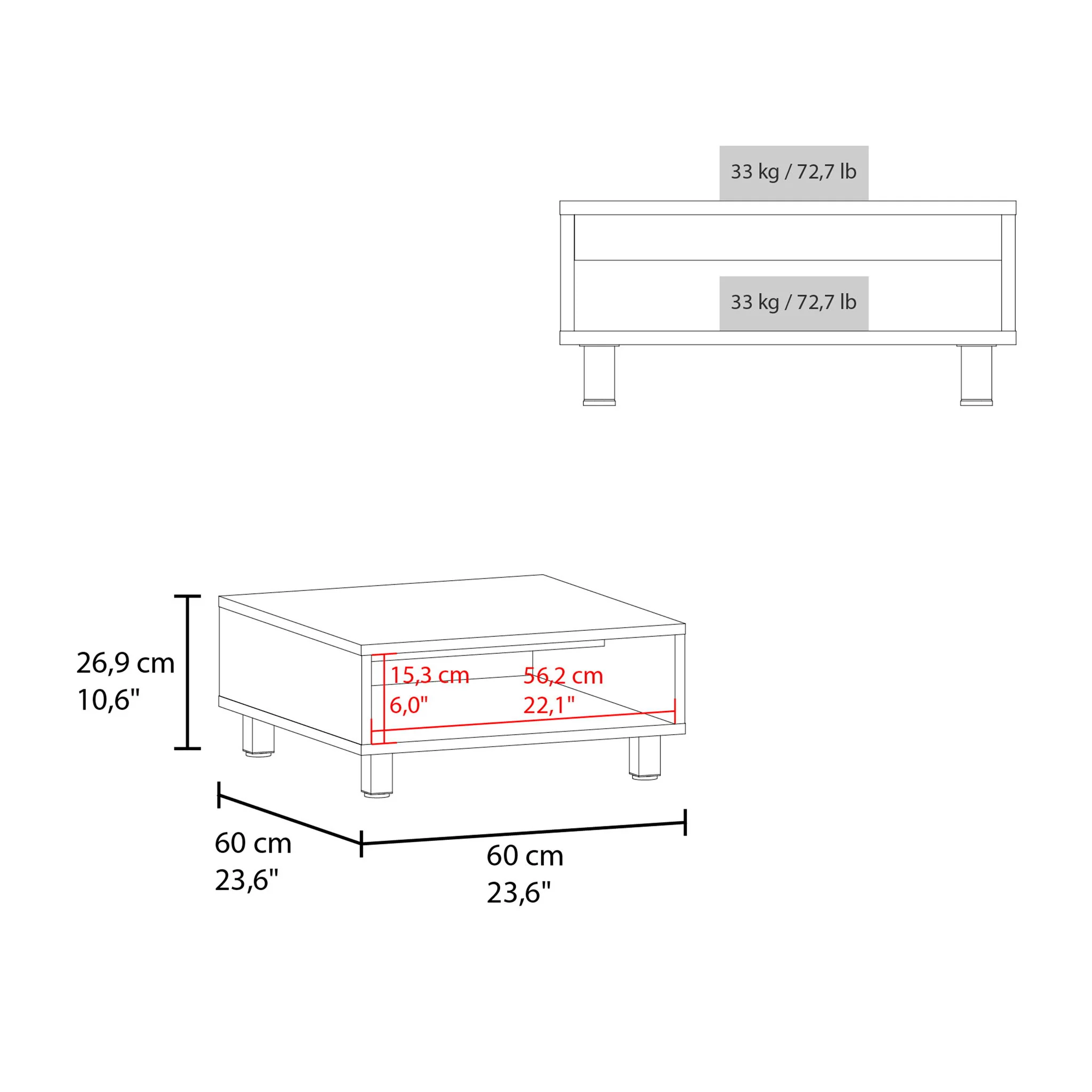 Coffee Table 1 Shelf, 4 Legs - Black - Image 6