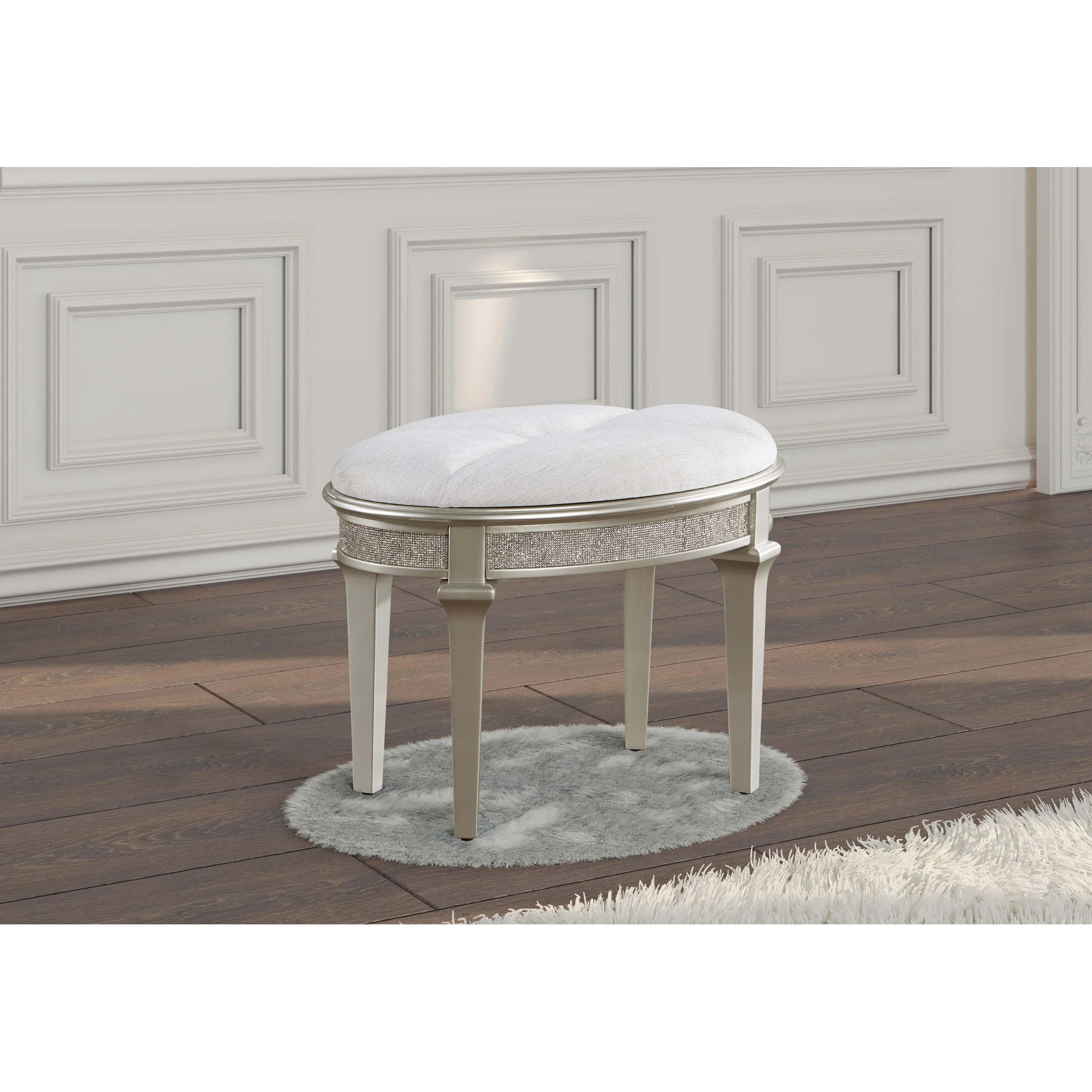 Colwood - Upholstered Oval Vanity Stool With Glitter Trim Seat - Silver Gray - Image 4
