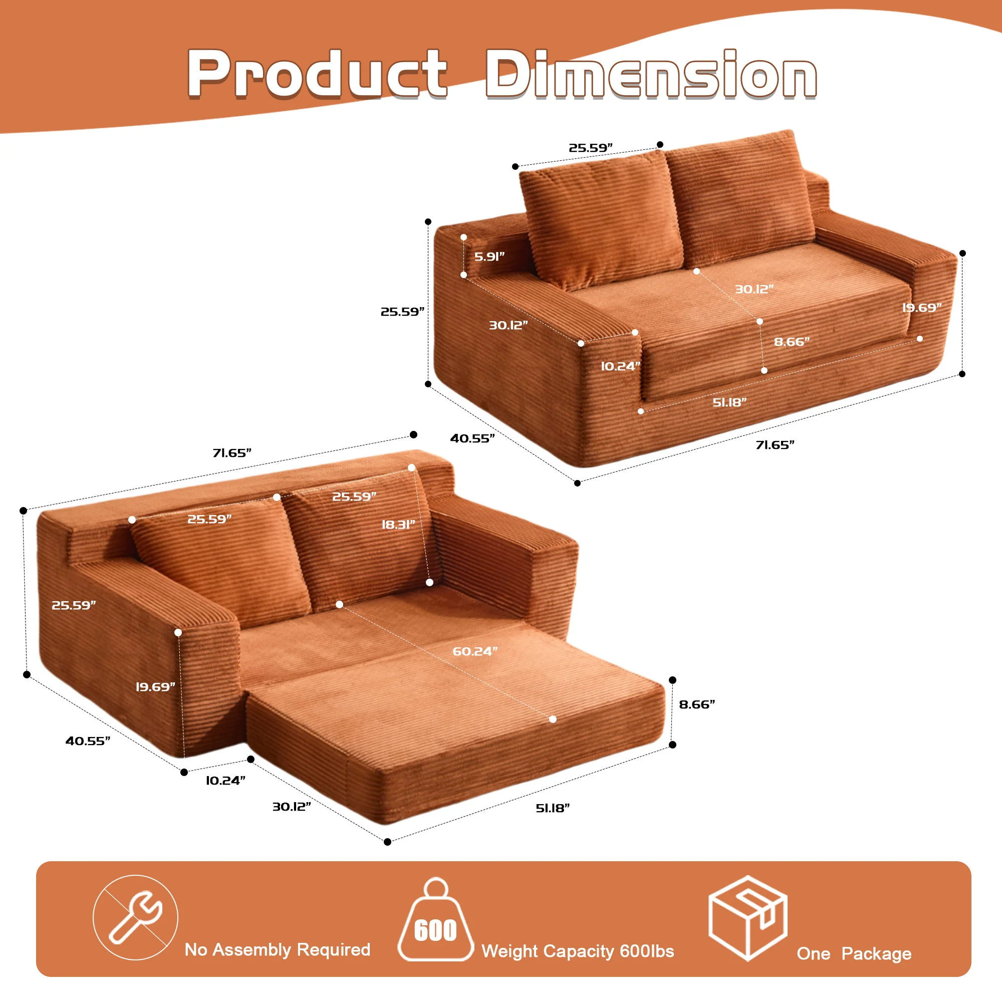 Comfortable Deep Seat Loveseat Sofa Bed, Reversible Cushion With Pillows - Image 19