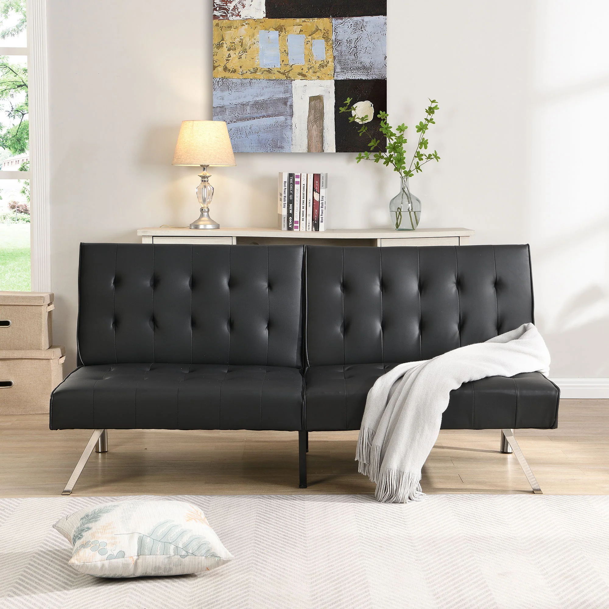 Comfortable Futon Sofa Bed - Black - Image 5