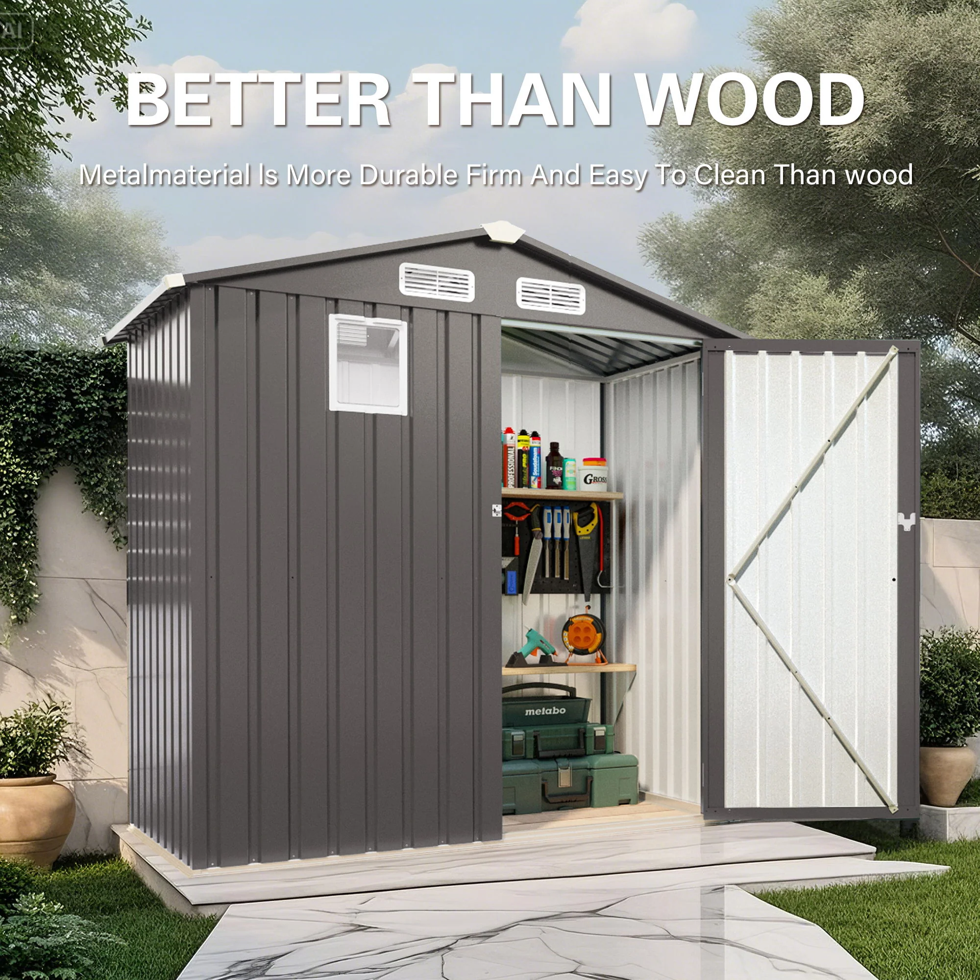 Compact Outdoor Storage Shed With Peaked Roof And Lockable Door - Gray - Image 2