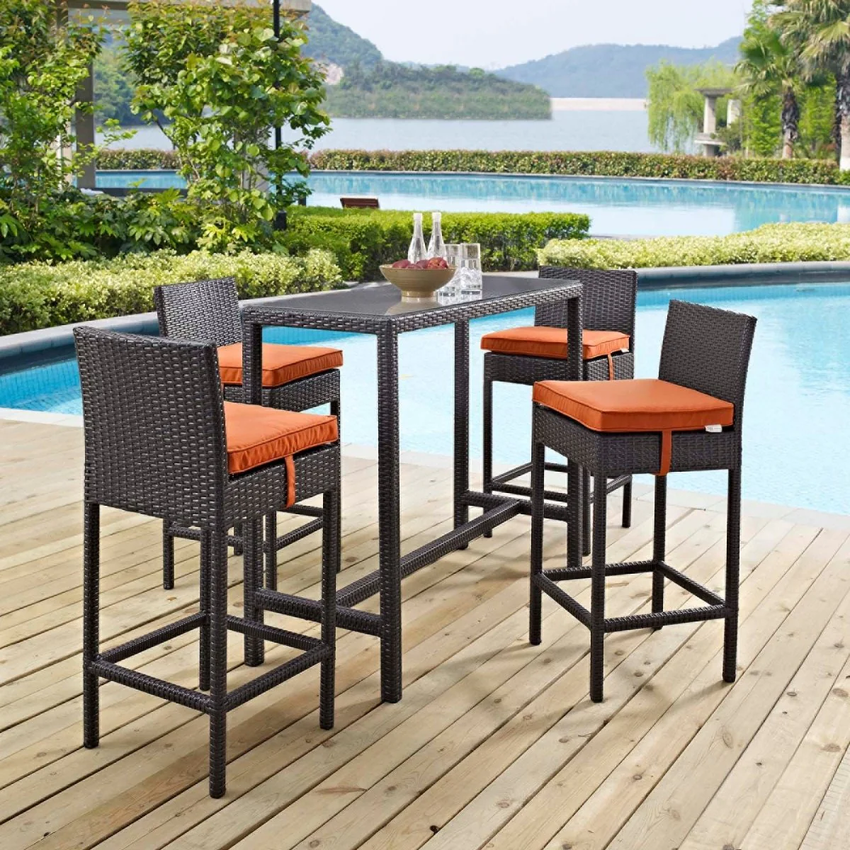 Complete 5-Piece Espresso Wicker Rattan Outdoor Pub Set with Cushions Included - Image 4