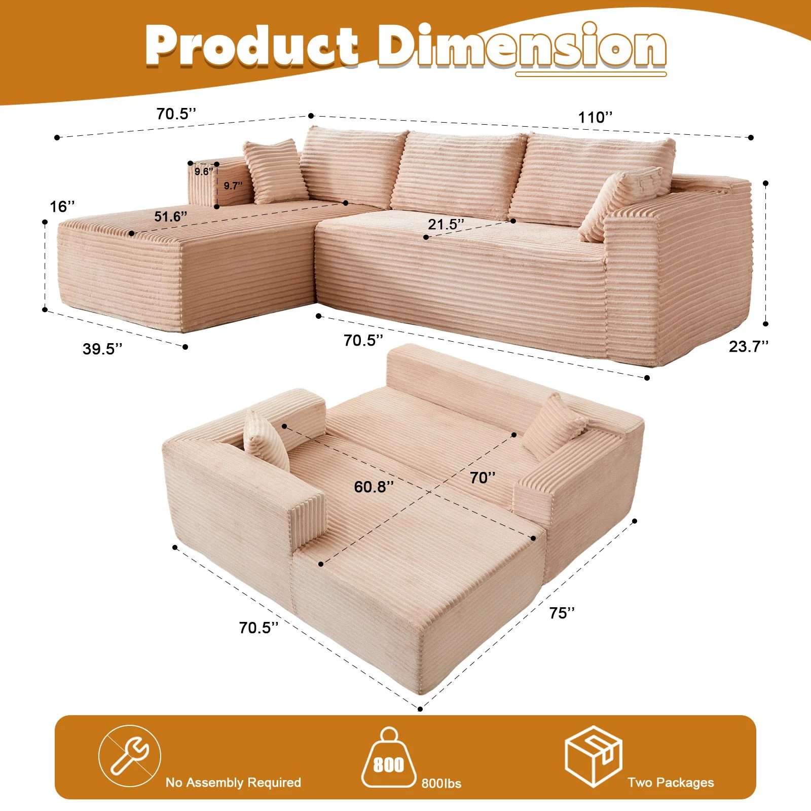 Compression Sectional Couch With Comfy Chaise, Boneless L Shape Sofa With Deep Seat - Image 6