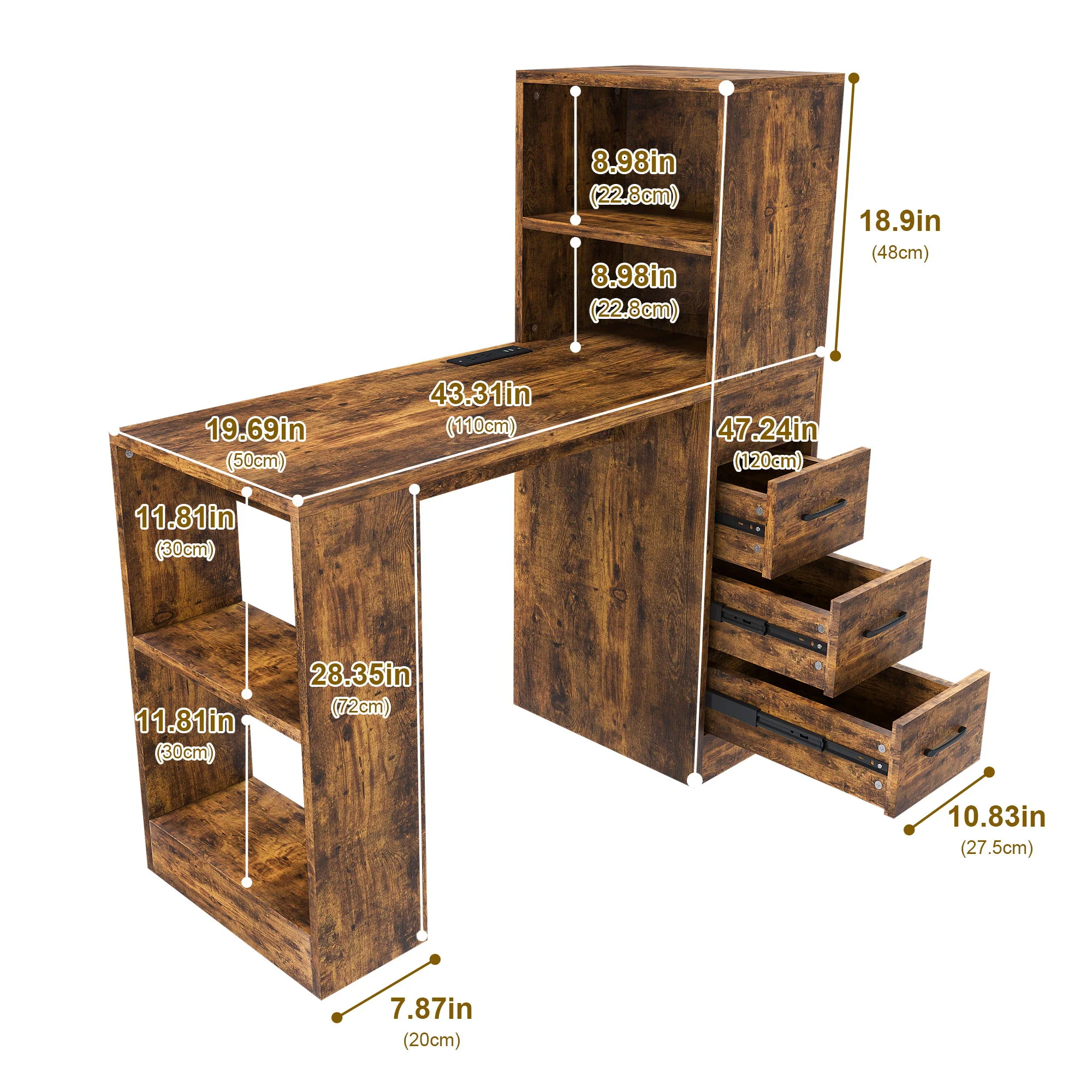 Computer Desk With 4 In 1 Socket & 3 Drawers, 4 Tier Shelves - Image 7