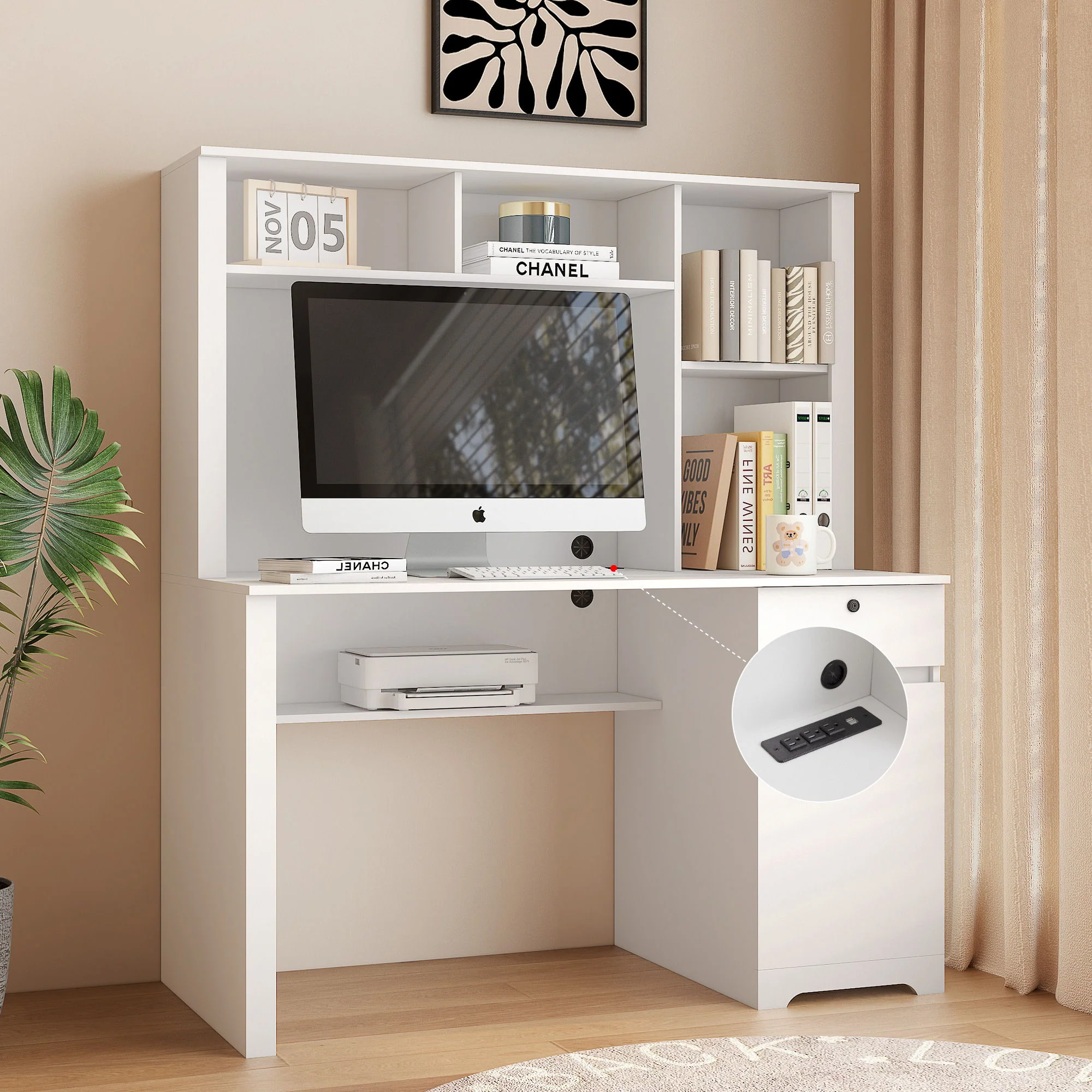 Computer Desk With Hutch & Bookshelf, Wood Executive Desk Teens Student Desk Writing Laptop Home Office Desk With Drawers, 3 Ac Outlets And 2 USB Charging Ports, Study Laptop Table For Home - White - Image 8