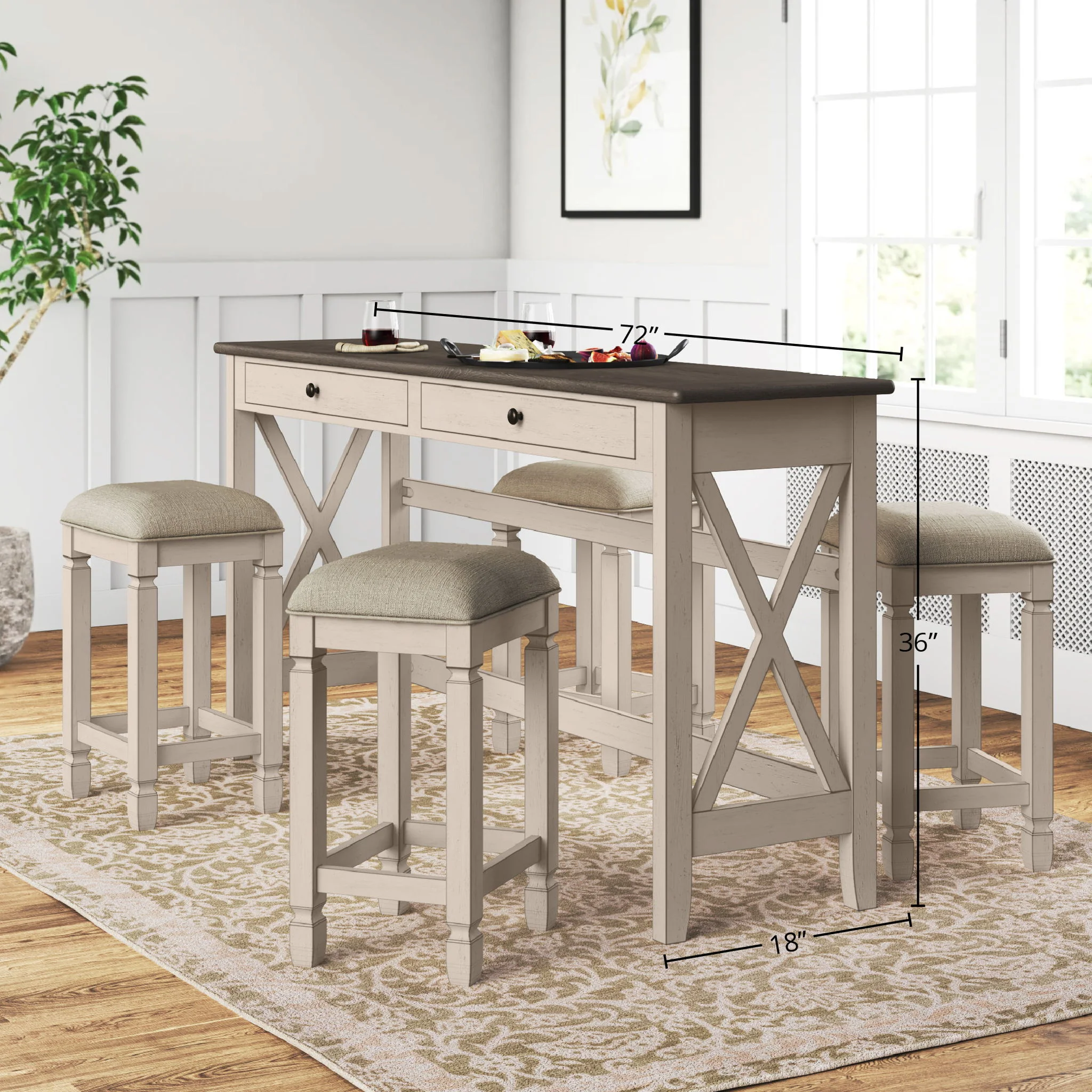 Console Table With 4 Stools - Antique White - Image 2