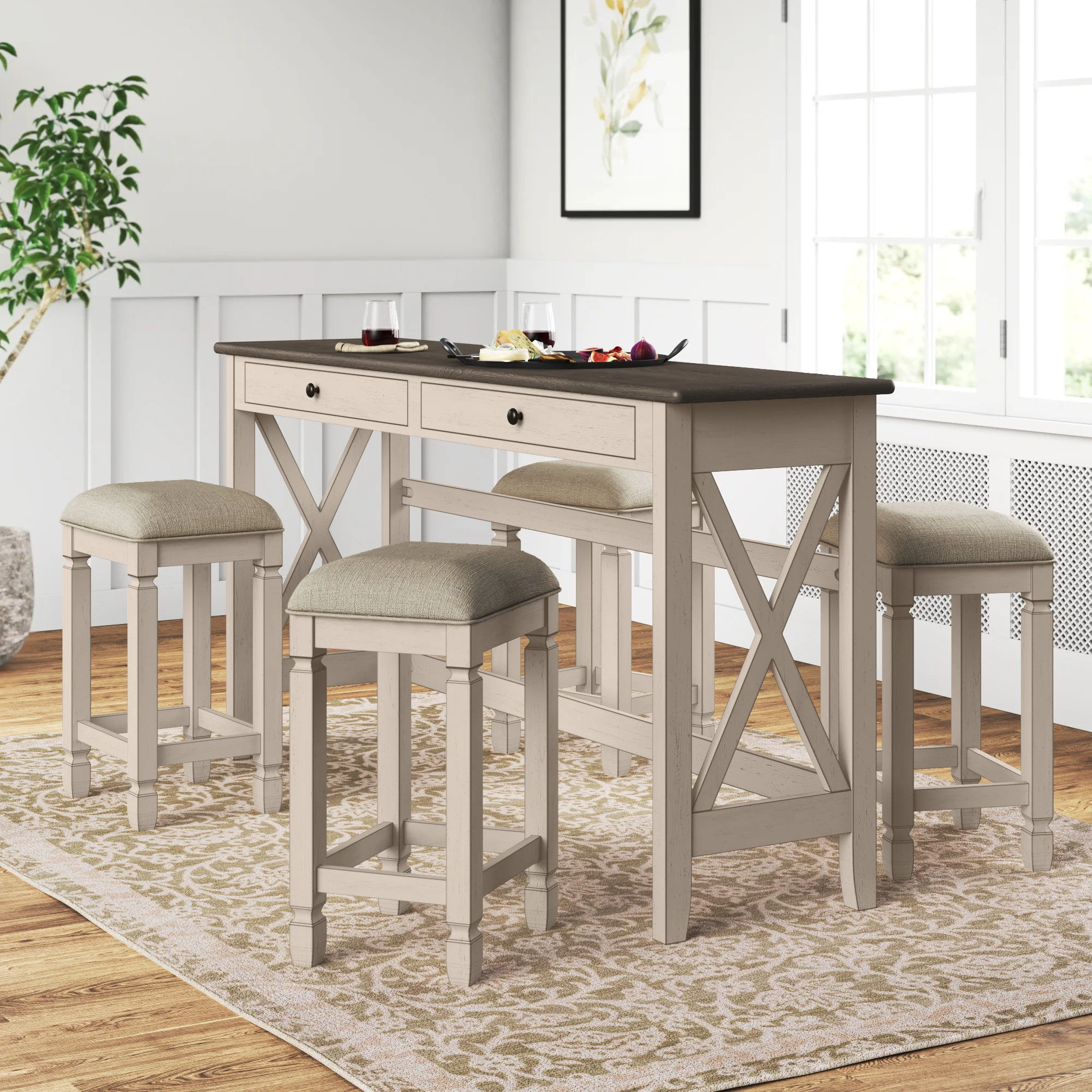 Console Table With 4 Stools - Antique White - Image 3