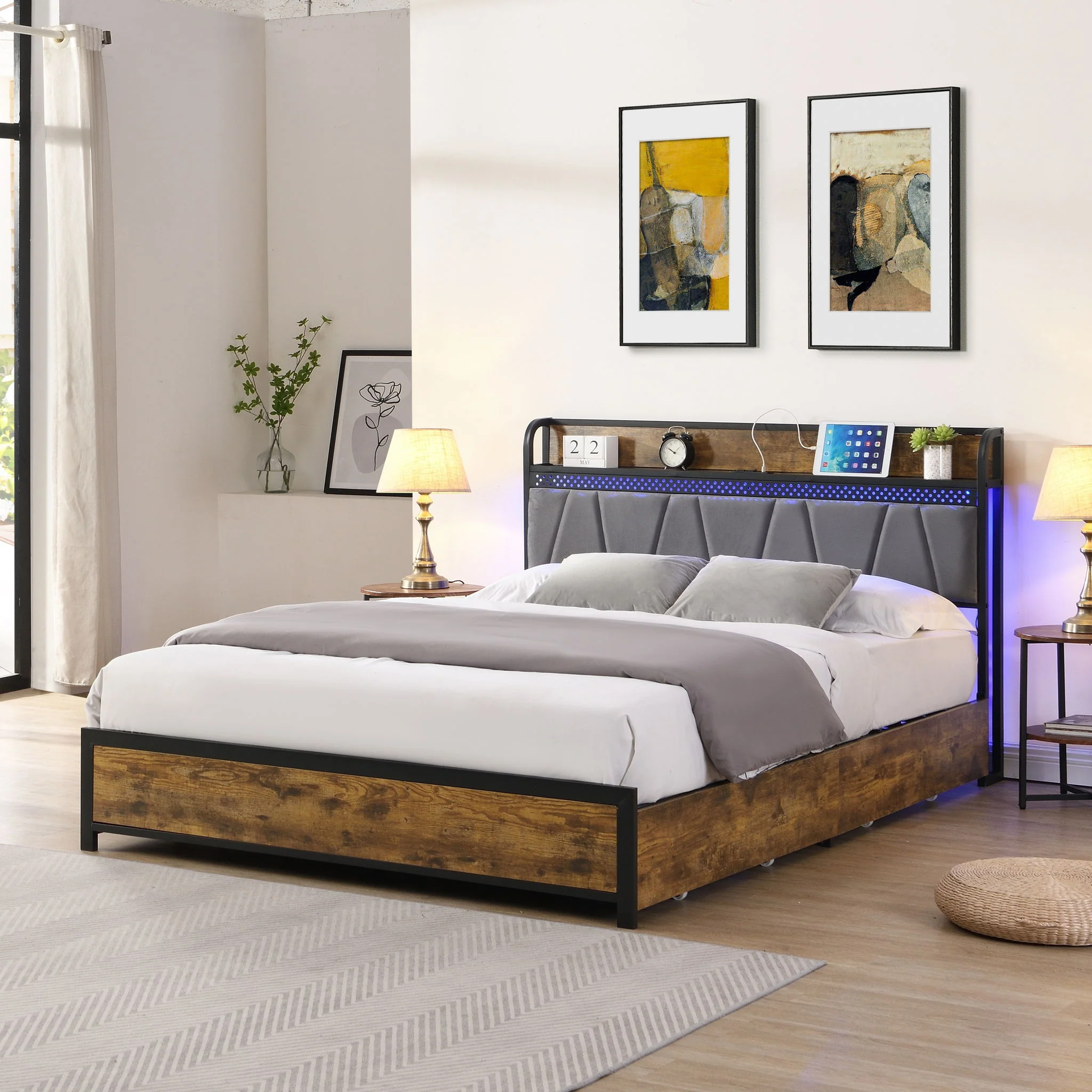 Contemporary Bed Frame With Storage Headboard, Charging Station, LED Lights - Image 7