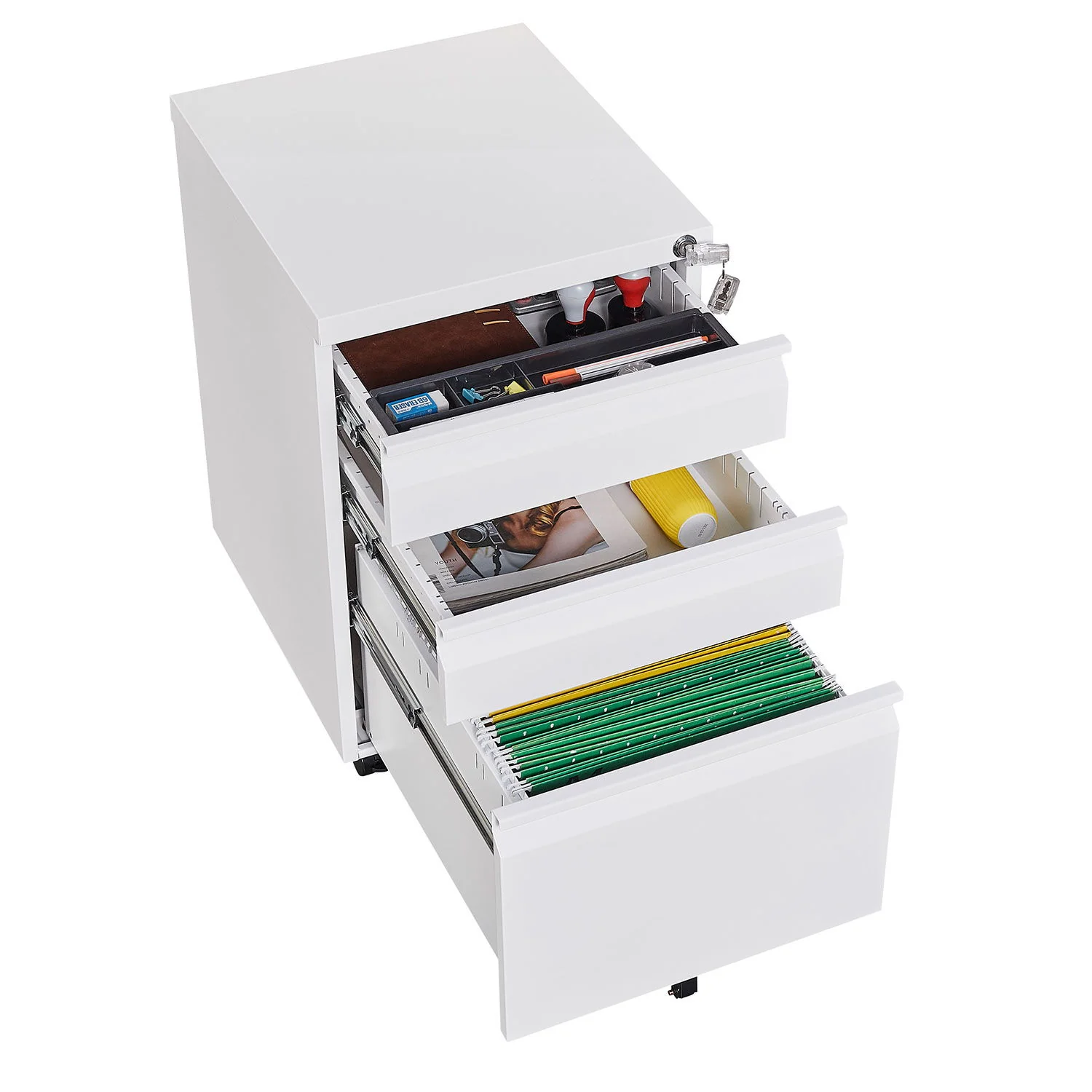 Contemporary 3 Drawer Mobile Filing Cabinet With Lock, Metal Office Storage For Legal / Letter Size - Image 14