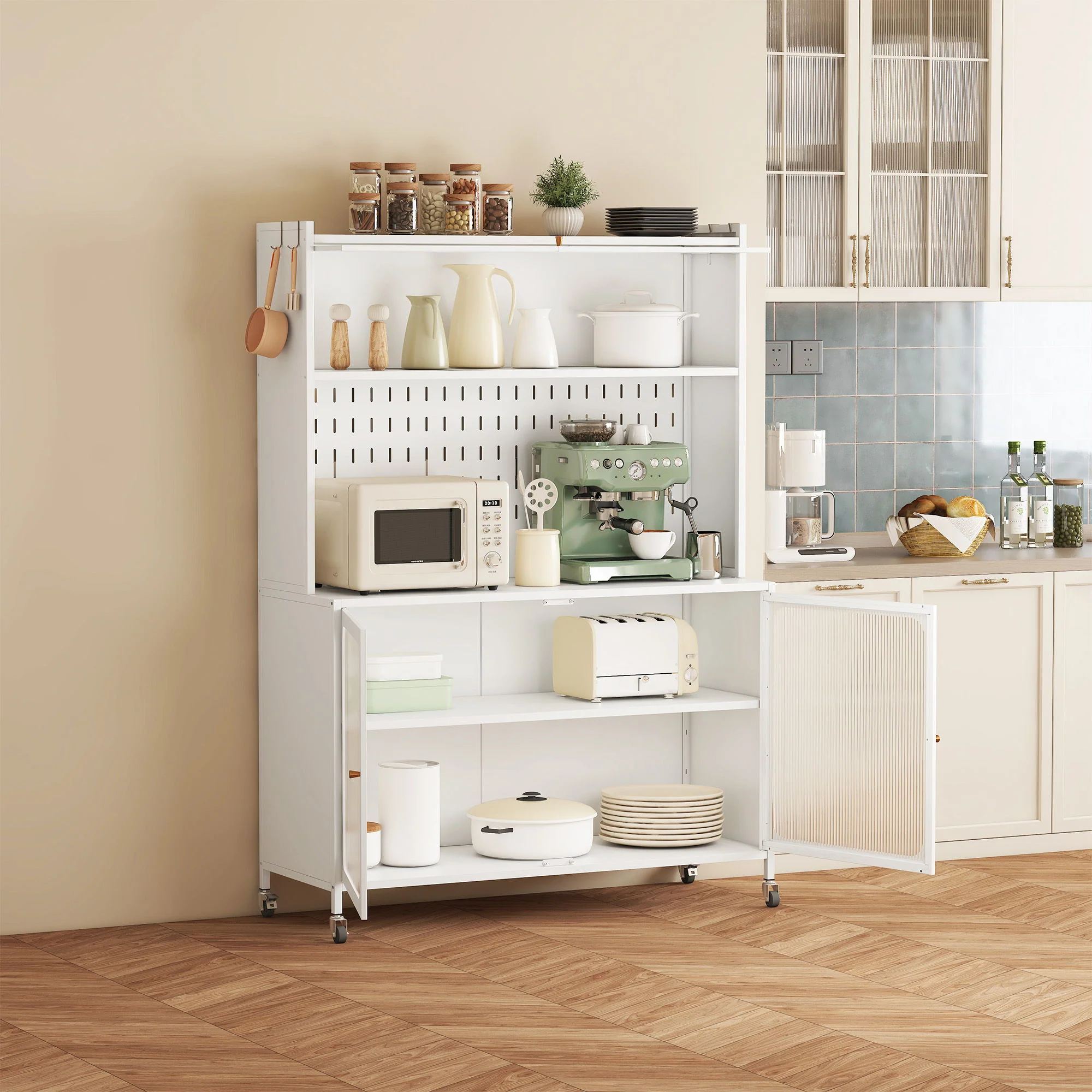 Contemporary Kitchen Pantry Cabinet With Glass Doors, Adjustable Shelves, Steel - Brushed Nickel - Image 3