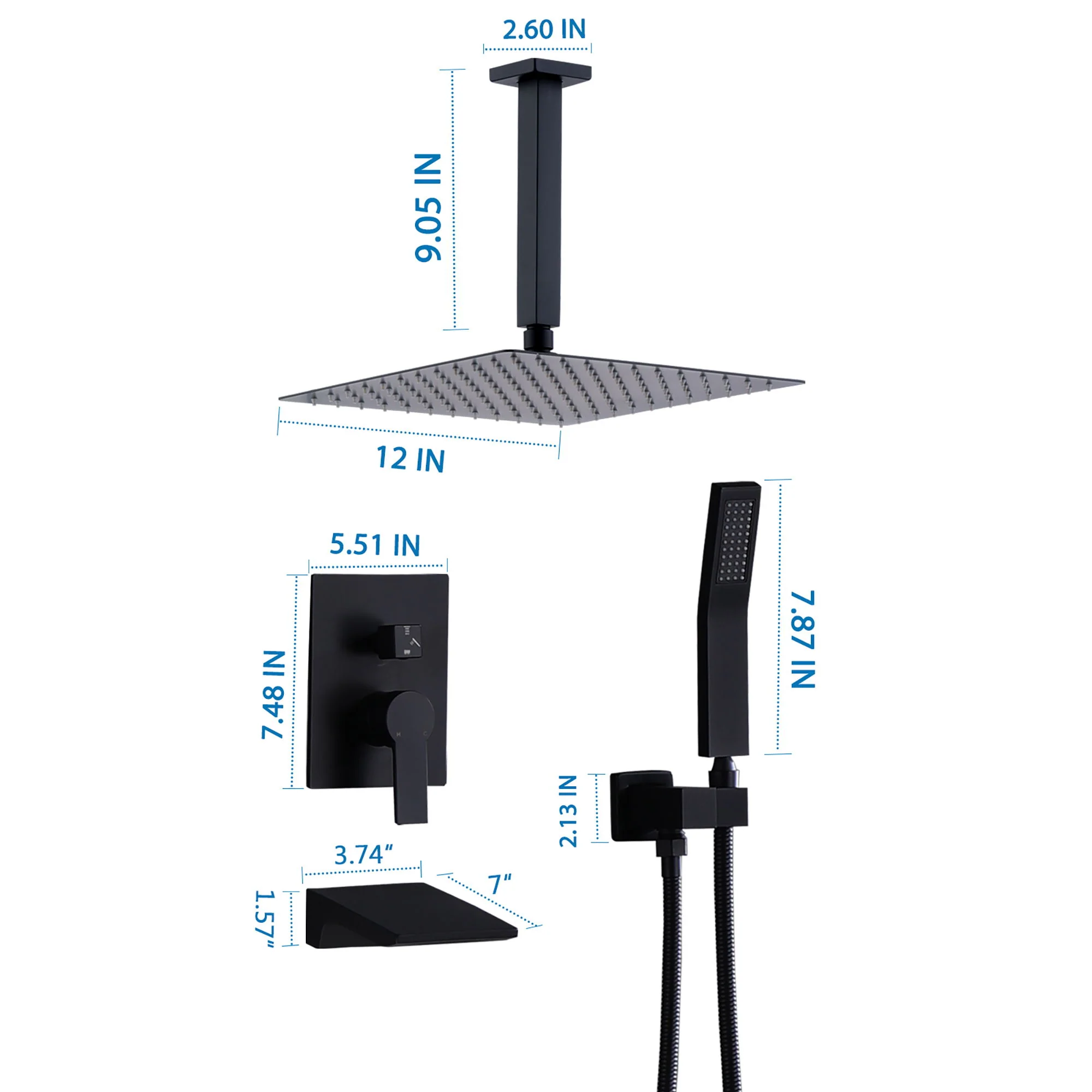 Contemporary Shower System With 12" Rainfall Head And Handheld Spray, Wall Mounted - Image 7