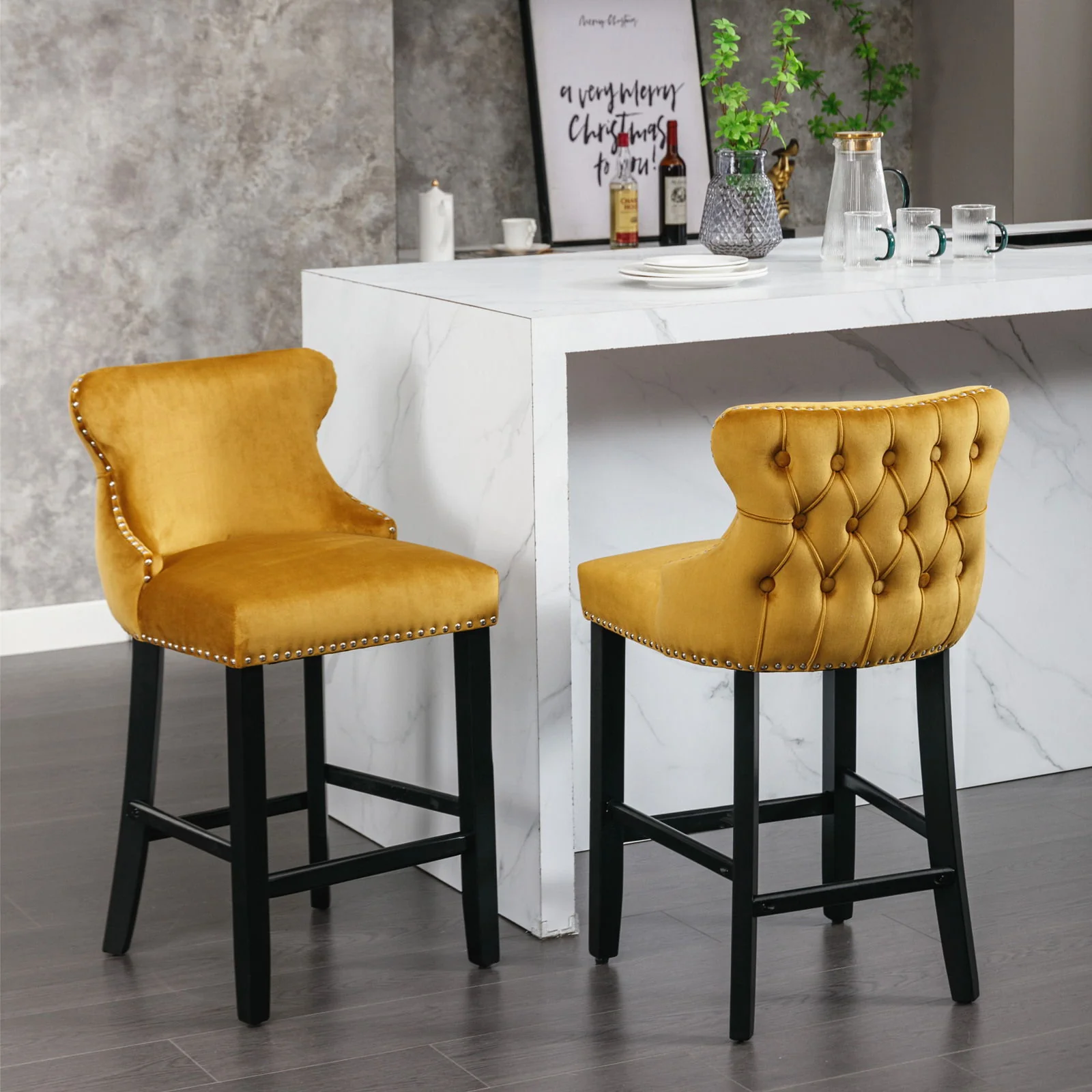 Contemporary Upholstered Wing-Back Barstools With Button Tufted Decoration And Wooden Legs, And Nailhead Trim, Leisure Style Bar Chairs, Bar Stools (Set of 2) - Image 4