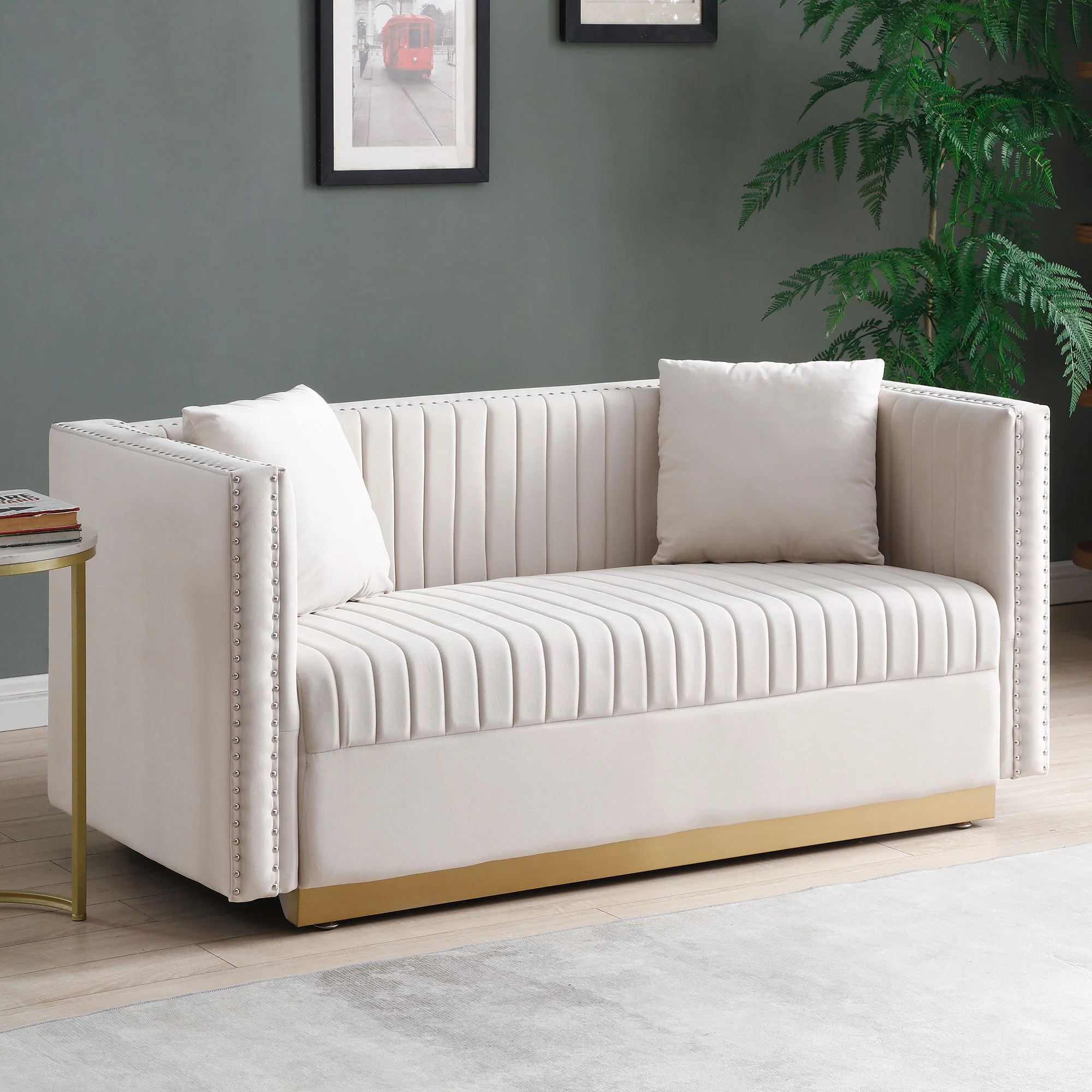 Contemporary Vertical Channel Tufted Sofa Loveseat Modern Upholstered Couch For Living Room With 2 Pillows - Image 6