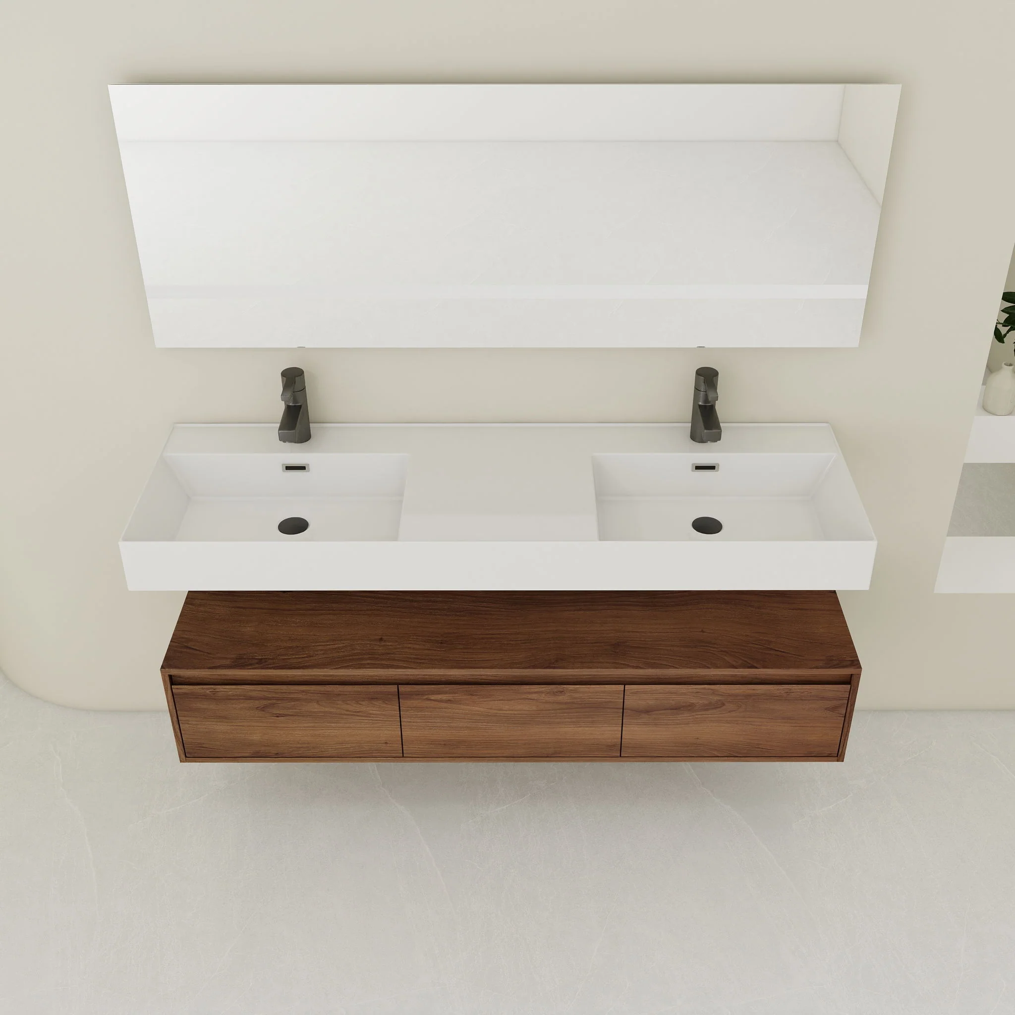 Contemporary Wall Mounted Bathroom Vanity With Dual Resin Sink And Soft Close Drawer - Image 12