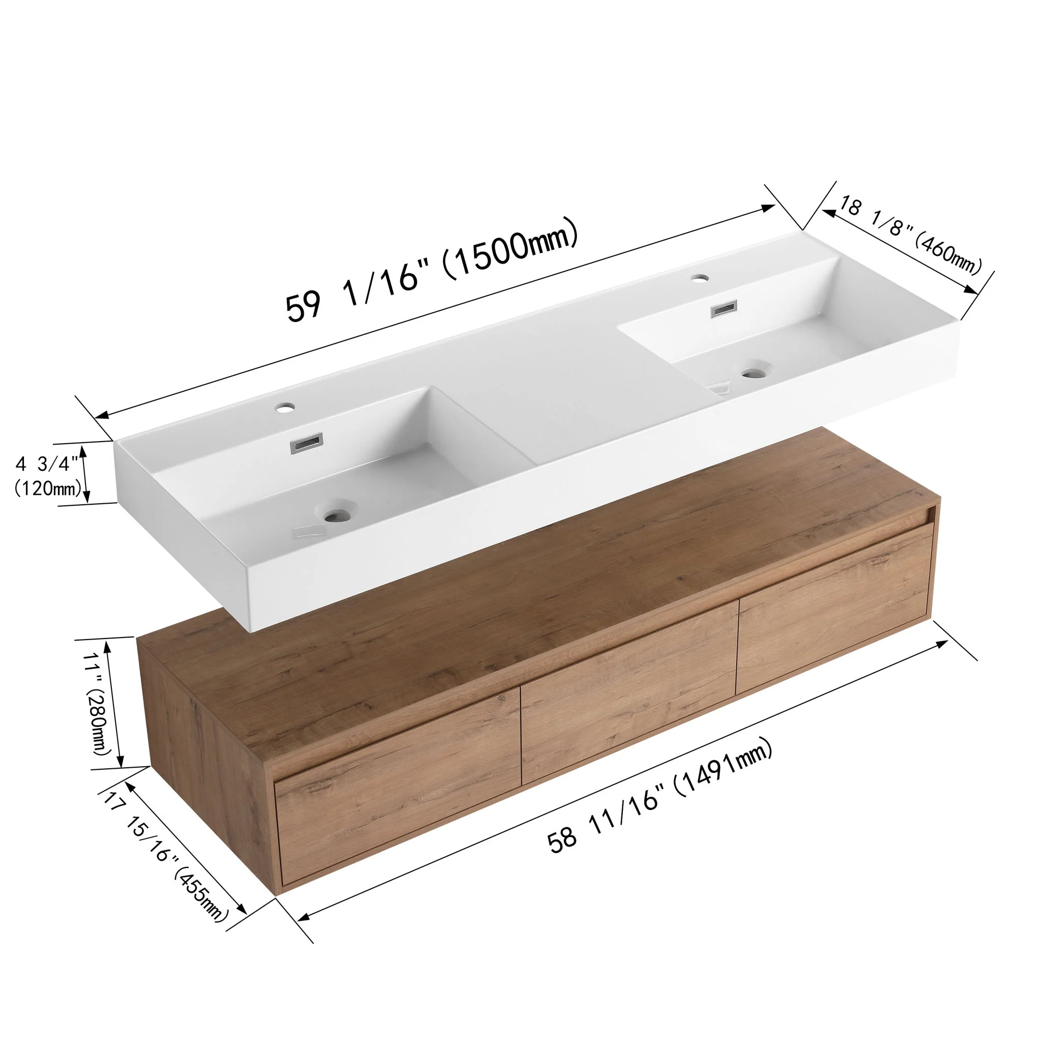 Contemporary Wall Mounted Bathroom Vanity With Dual Resin Sink And Soft Close Drawer - Image 3