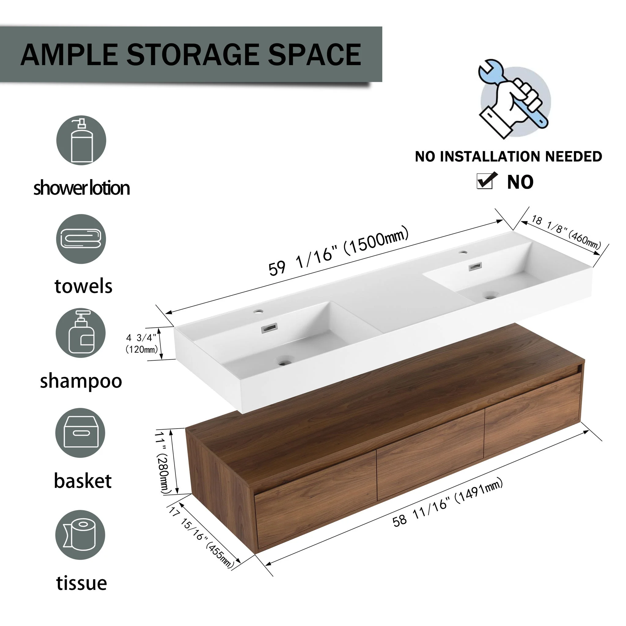 Contemporary Wall Mounted Bathroom Vanity With Dual Resin Sink And Soft Close Drawer - Image 7