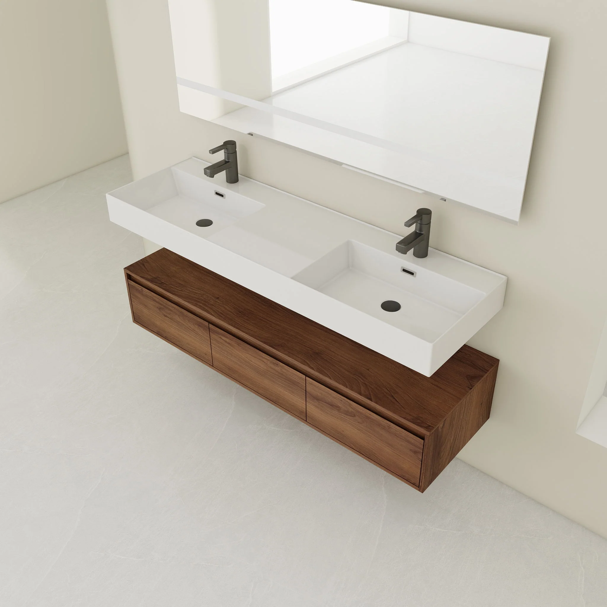 Contemporary Wall Mounted Bathroom Vanity With Dual Resin Sink And Soft Close Drawer - Image 9