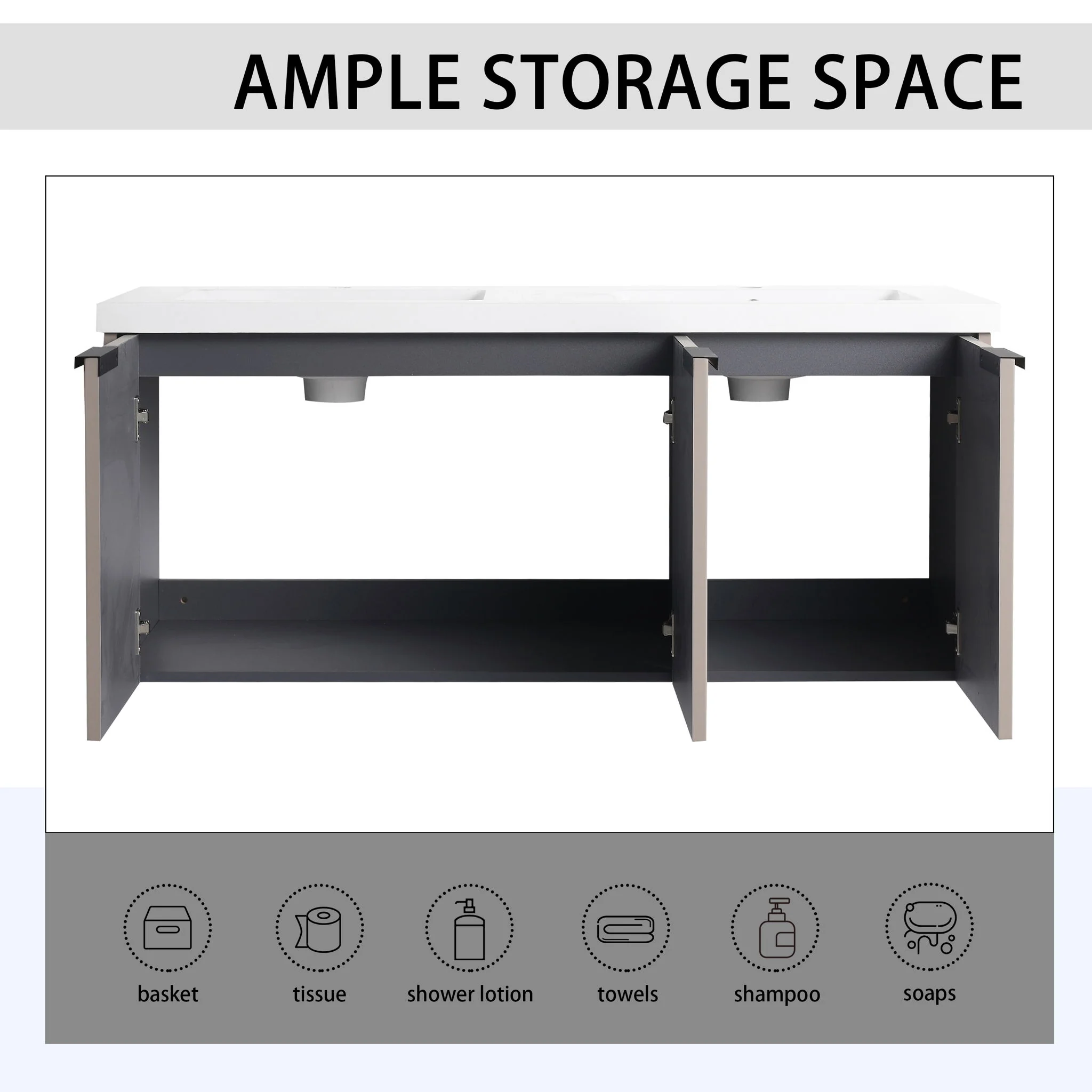 Contemporary Wall Mounted Bathroom Vanity With Resin Double Sink - Image 38