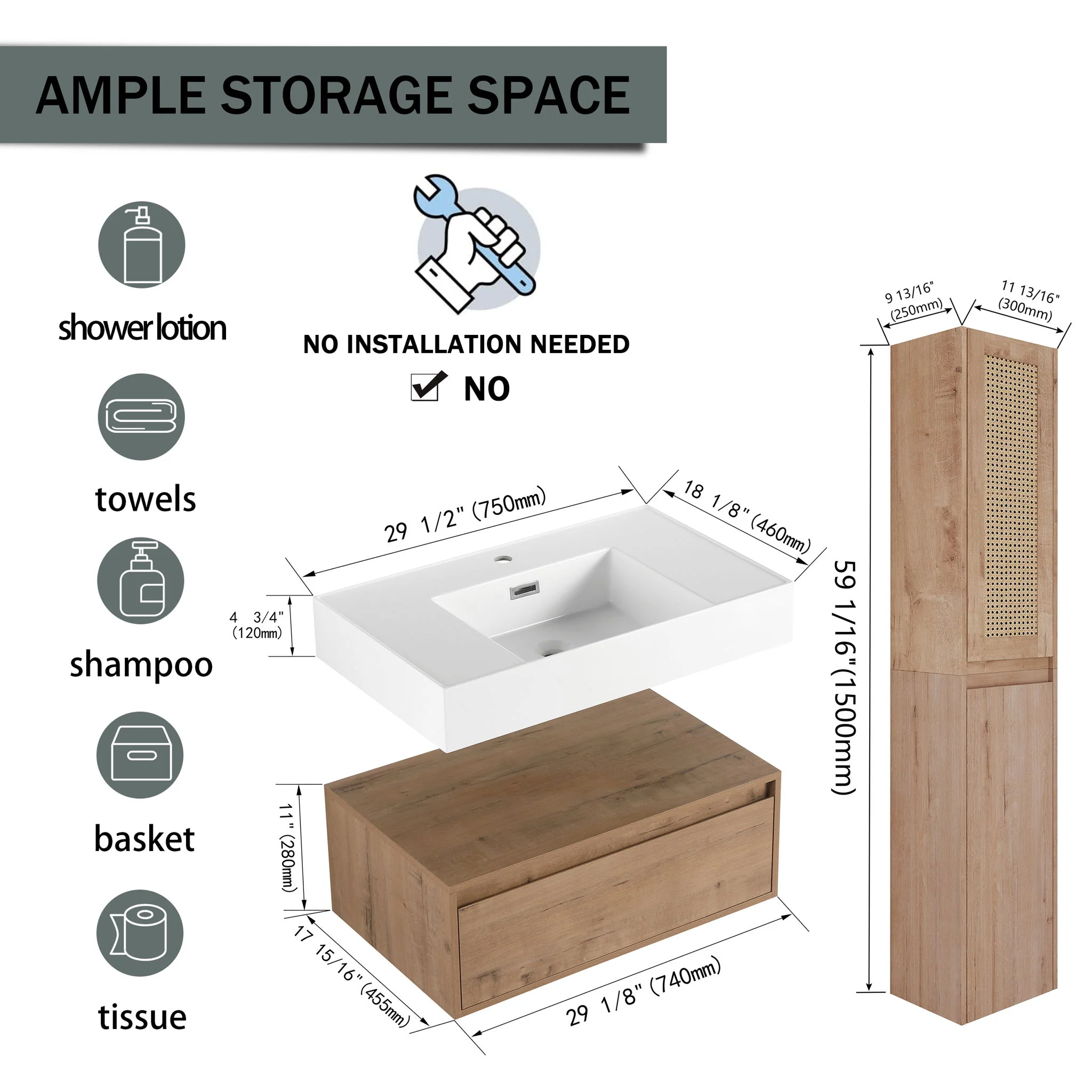 Contemporary Wall Mounted Bathroom Vanity With Resin Sink And 2 Side Cabinet - Imitative Oak - Image 4