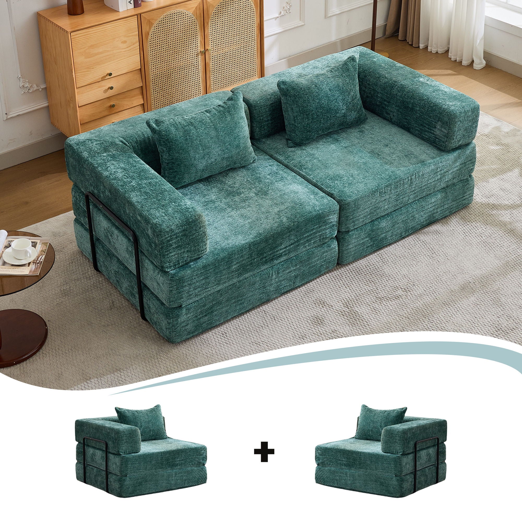 Convertible Floor Sofa Bed With Pillow Back Support Armrest - Image 16