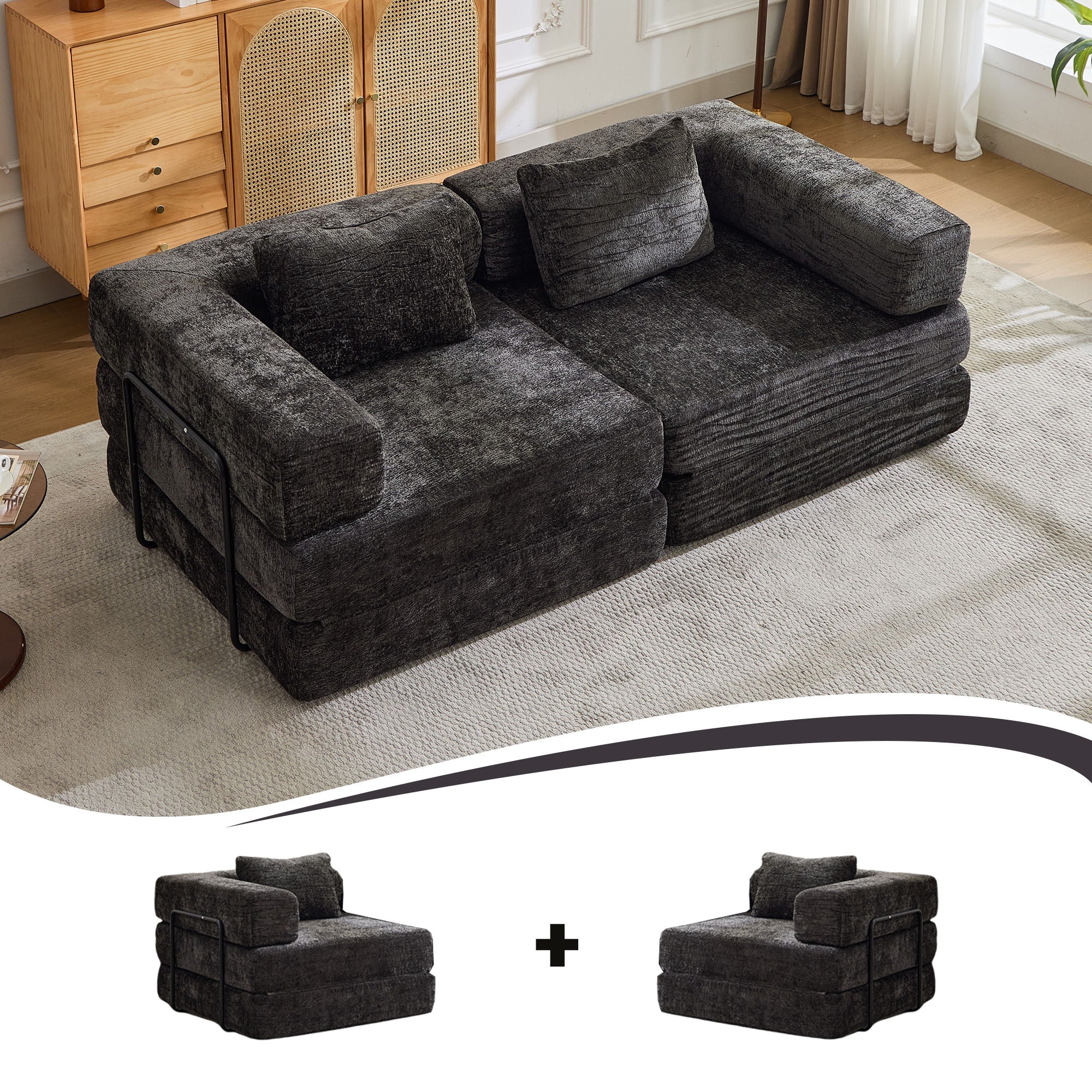 Convertible Floor Sofa Bed With Pillow Back Support Armrest - Image 18