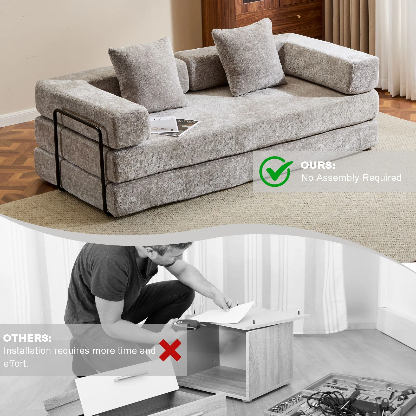 Convertible Floor Sofa Bed With Pillow Back Support Armrest - Image 22