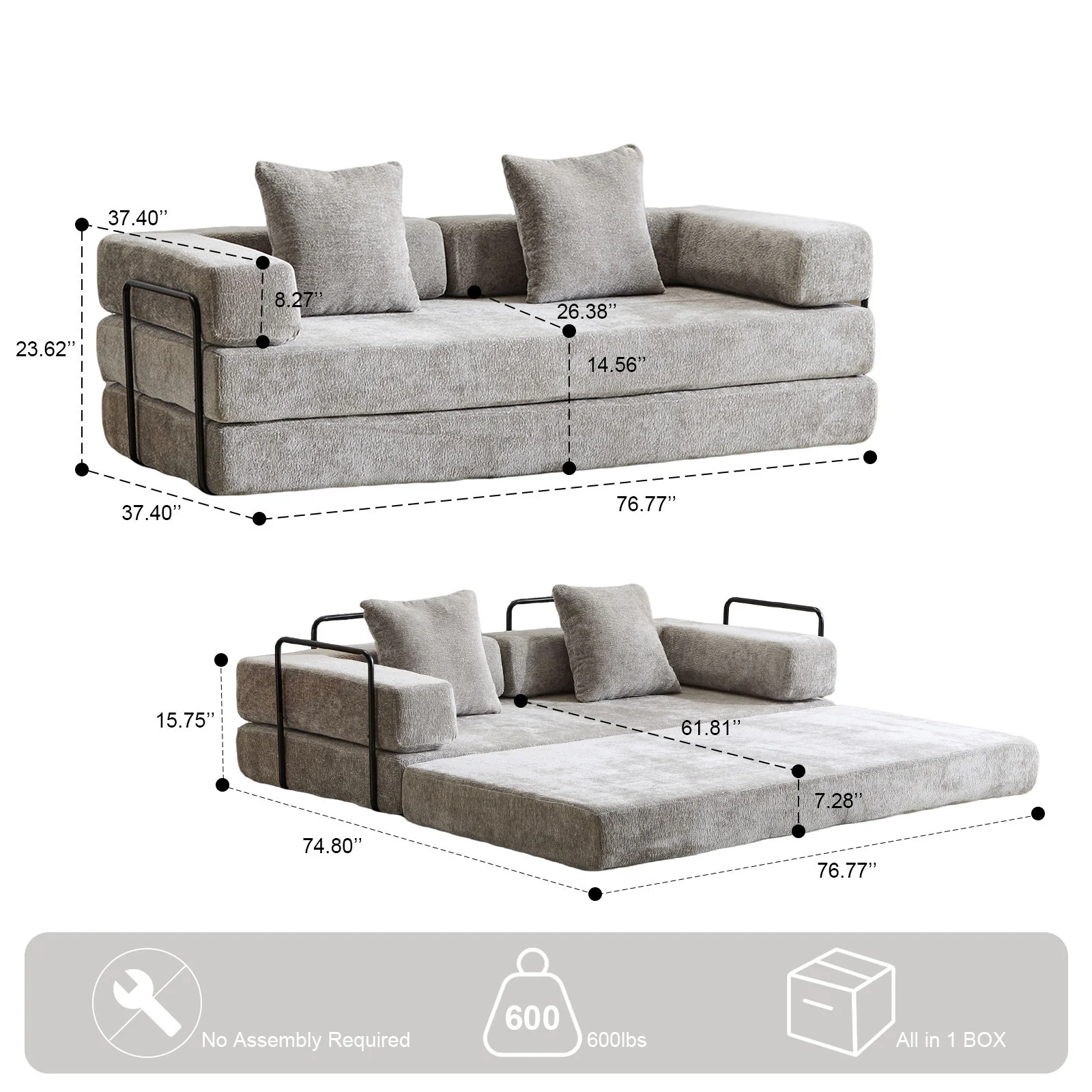 Convertible Floor Sofa Bed With Pillow Back Support Armrest - Image 26
