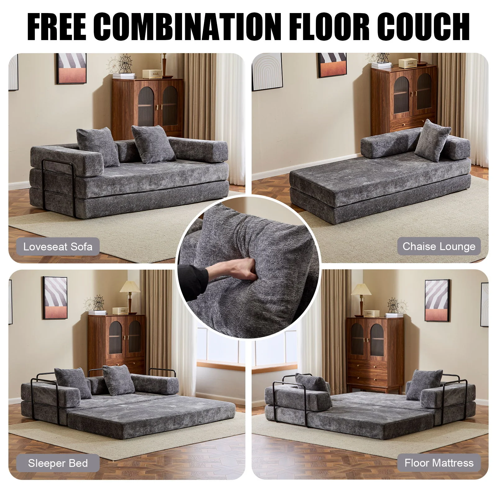 Convertible Floor Sofa Bed With Pillow Back Support Armrest - Image 32