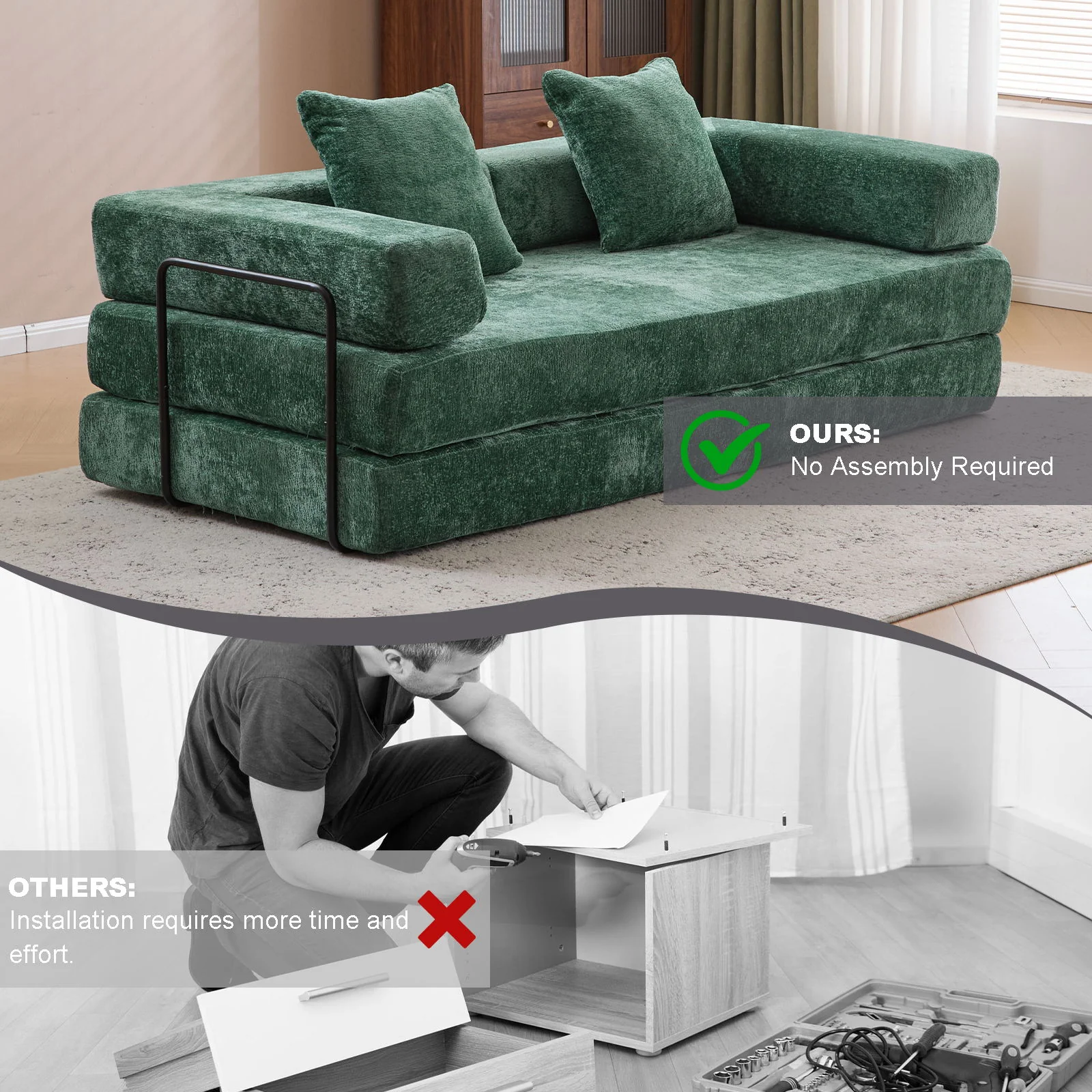 Convertible Floor Sofa Bed With Pillow Back Support Armrest - Image 37