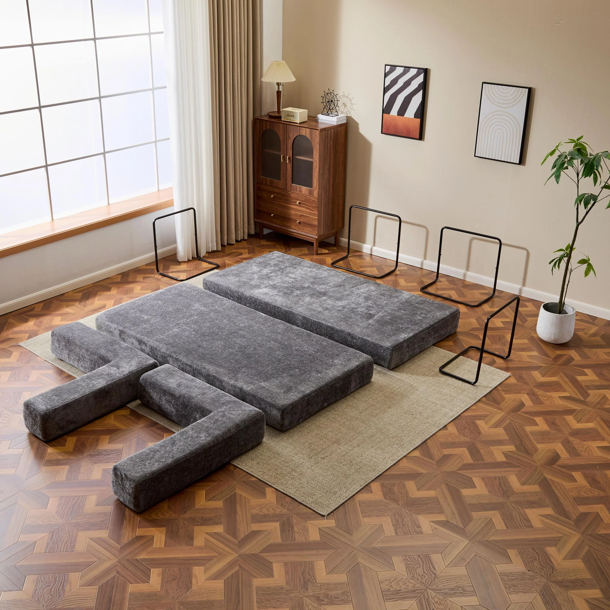 Convertible Floor Sofa Bed With Pillow Back Support Armrest - Image 52