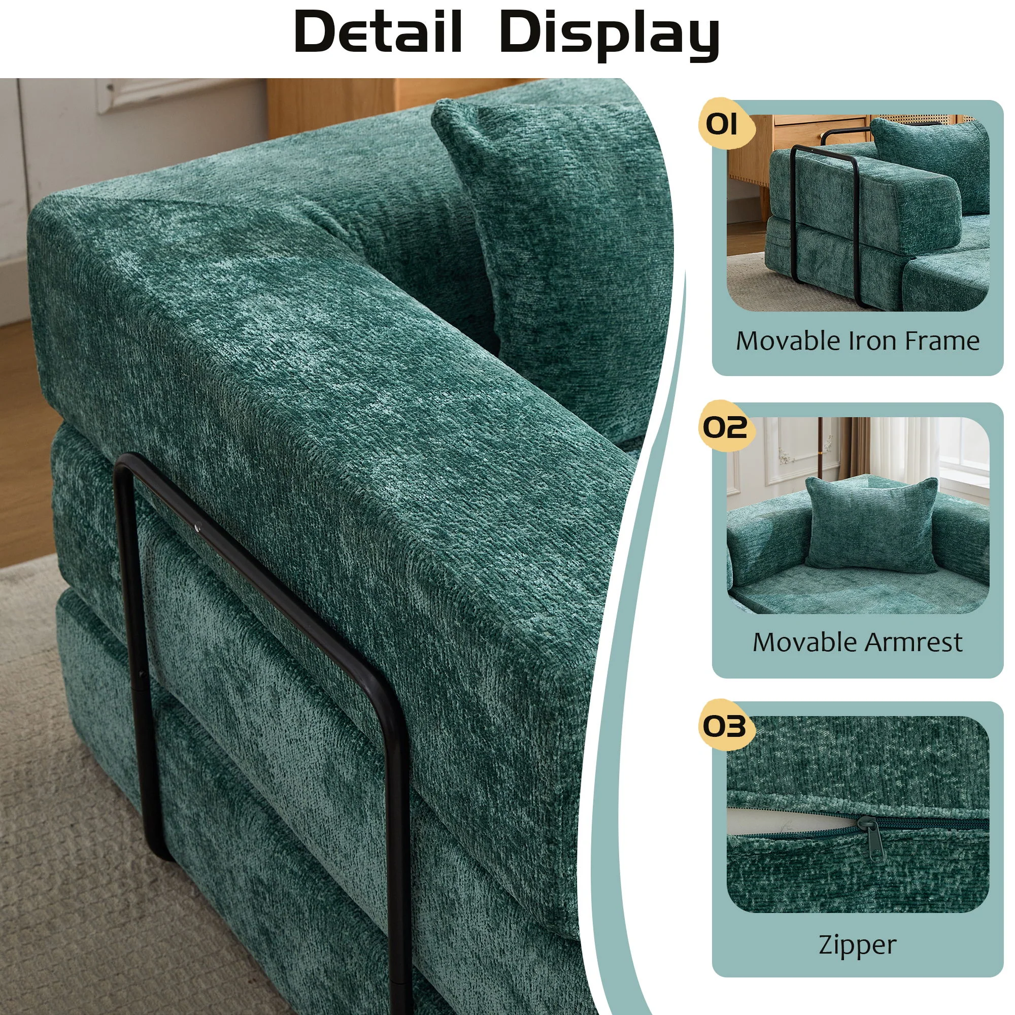 Convertible Floor Sofa Bed With Pillow Back Support Armrest - Image 75