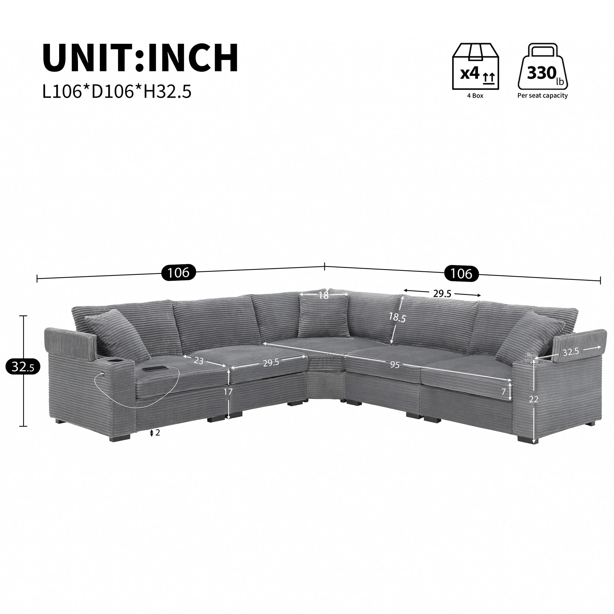 Convertible L Shaped Sectional Corner Couch With Armrest Storage Cup Holders USB Charger, Irregular Corner Oversized Comfy Modular Sofa - Image 3