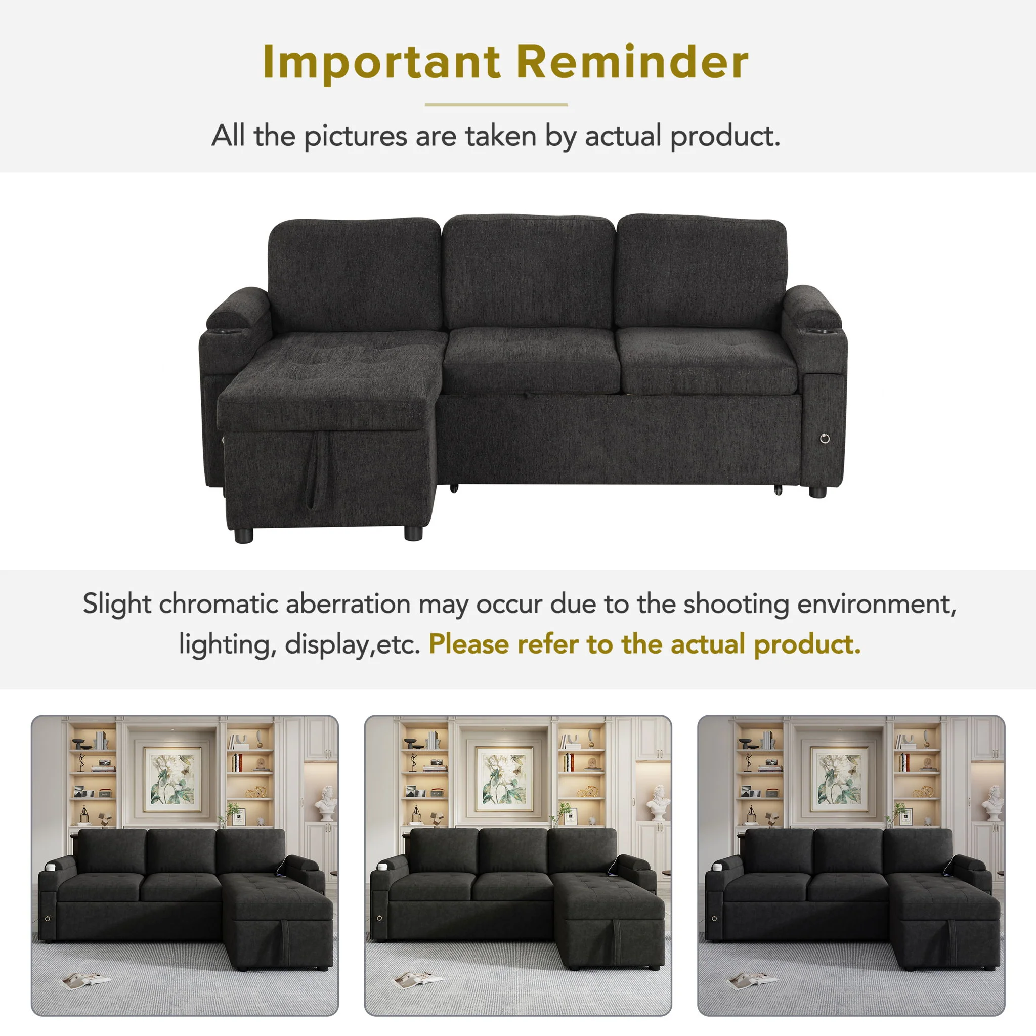 Convertible L Shaped Sofa Couch With Storage, Cup Holders, USB Ports - Image 14