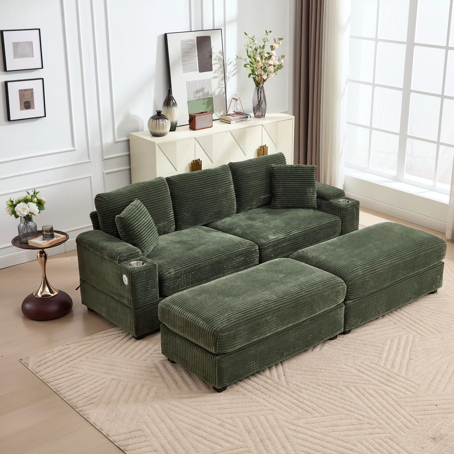 Convertible Sectional Sofa Bed Set With Armrest Storage, Cup Holder, USB, 4 Seater - Green - Image 9
