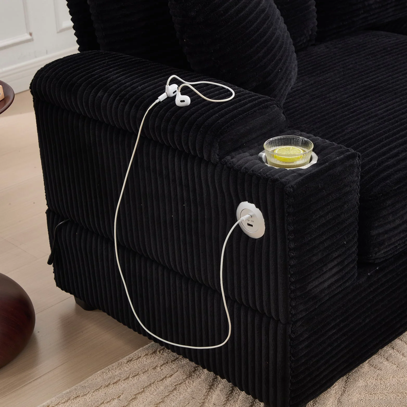 Convertible Sectional Sofa Bed Set With Armrest Storage, Cup Holder, USB - Black - Image 6