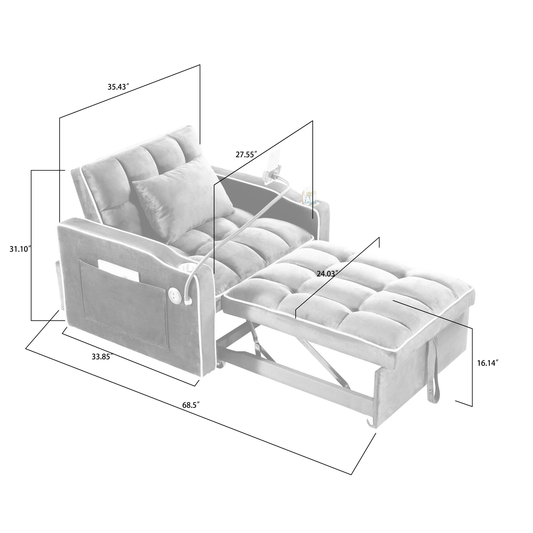 Convertible Sleeper Chair Sofa Bed Adjustable Pull Out Sleeper Chair Bed Multi-Pockets Folding Sofa Bed For Living Room Bedroom Small Space, 3 In 1 Sofa Bed - Image 15