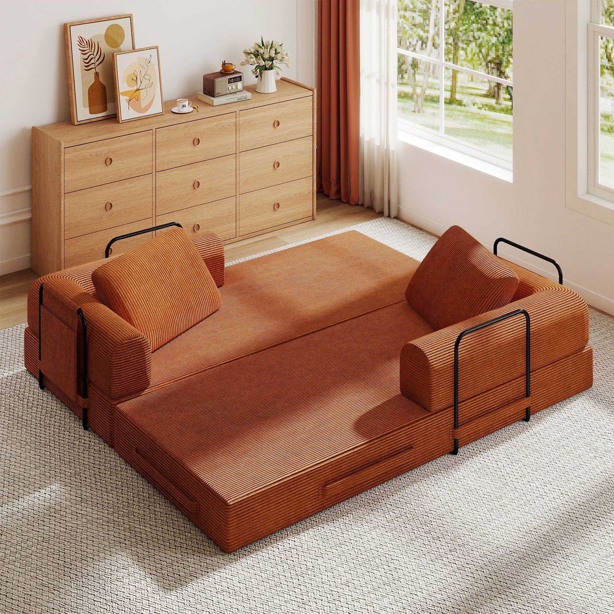 Convertible Sleeper Sofa Bed With Cylindrical Pillow, Fixed Shape Frame - Image 11