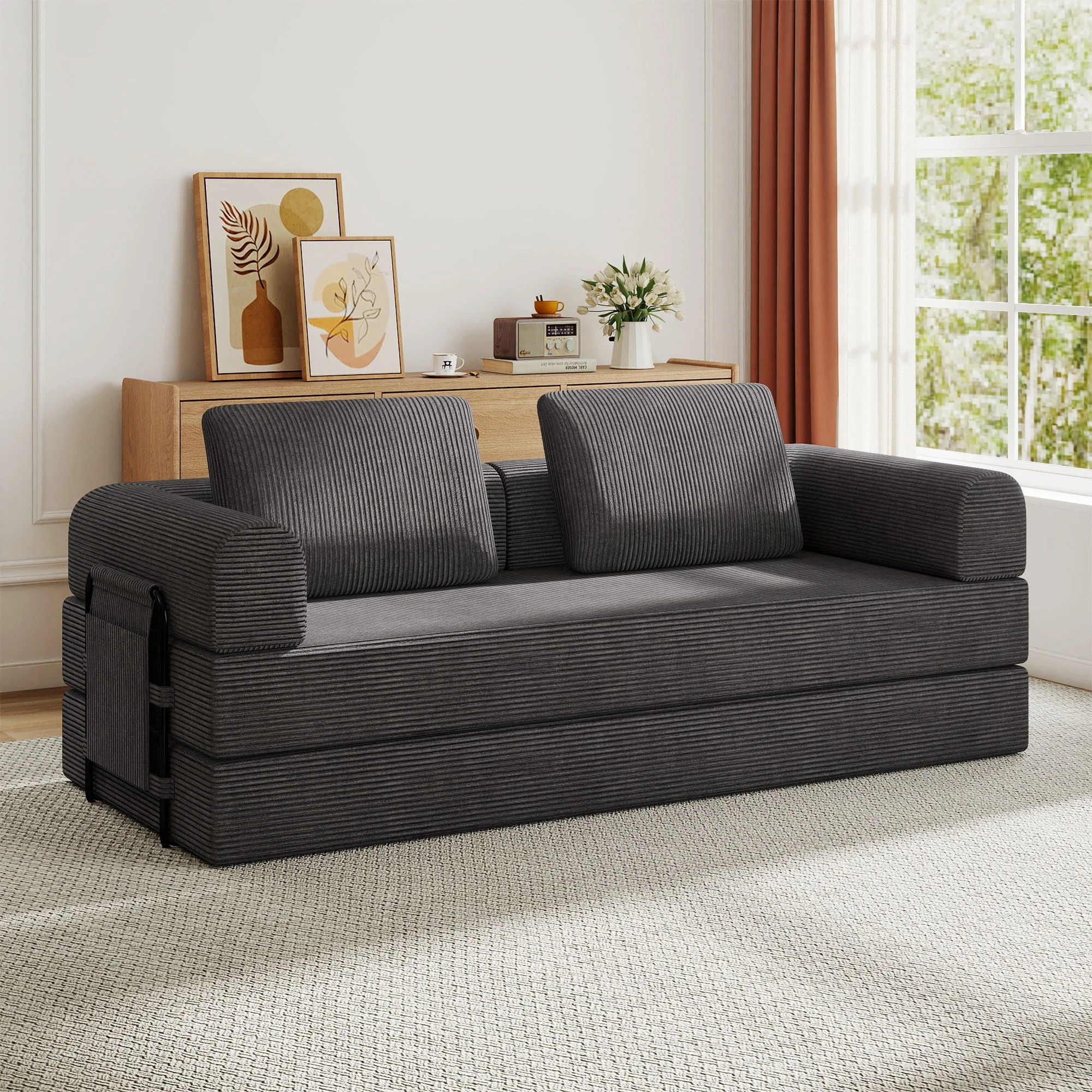 Convertible Sleeper Sofa Bed With Cylindrical Pillow, Fixed Shape Frame - Image 38