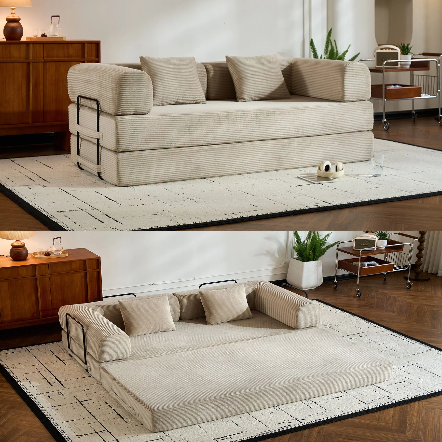 Convertible Sleeper Sofa Bed With Cylindrical Pillow, With Fixed Shape Frame - Image 10