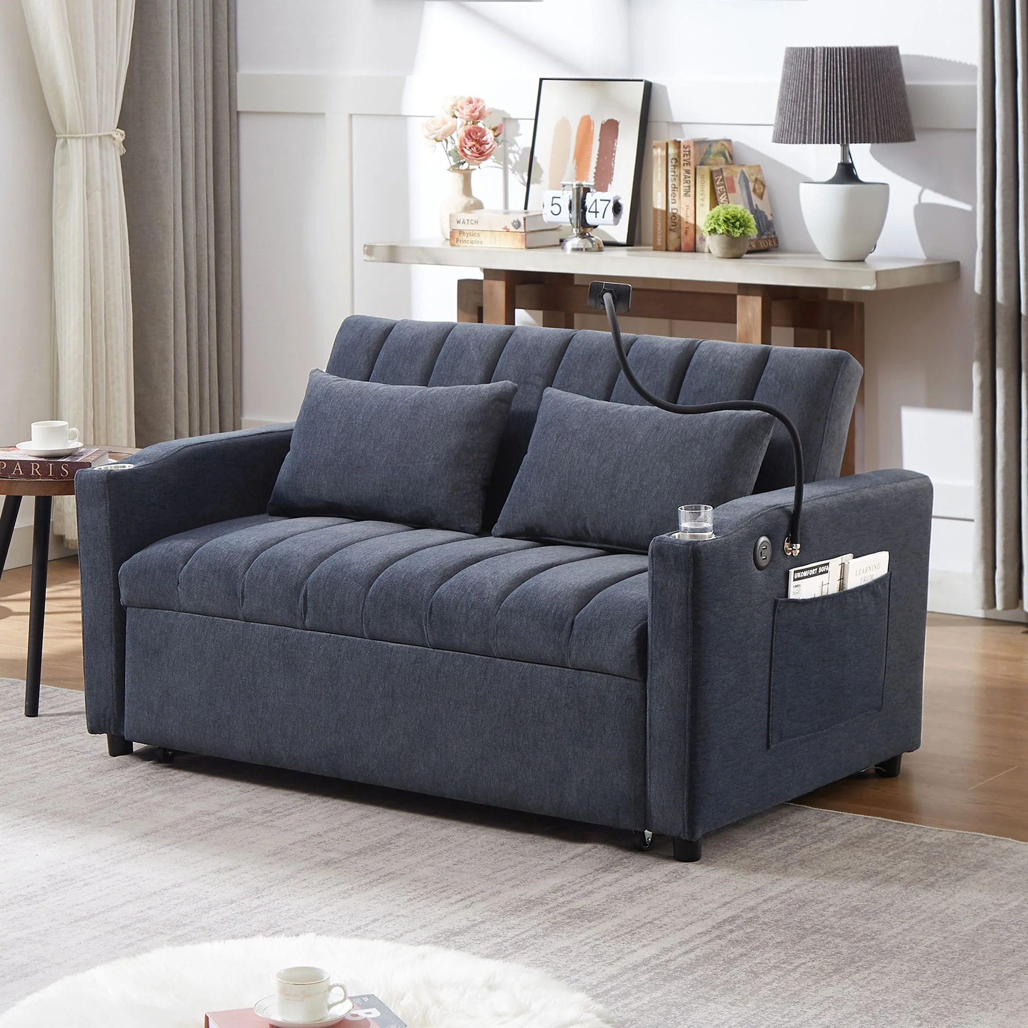 Convertible Sofa Bed Loveseat Sofa With Three USB Ports, Two Side Pockets, Two Cup Holders And 360° swivel Phone Holder For Living Room - Image 15