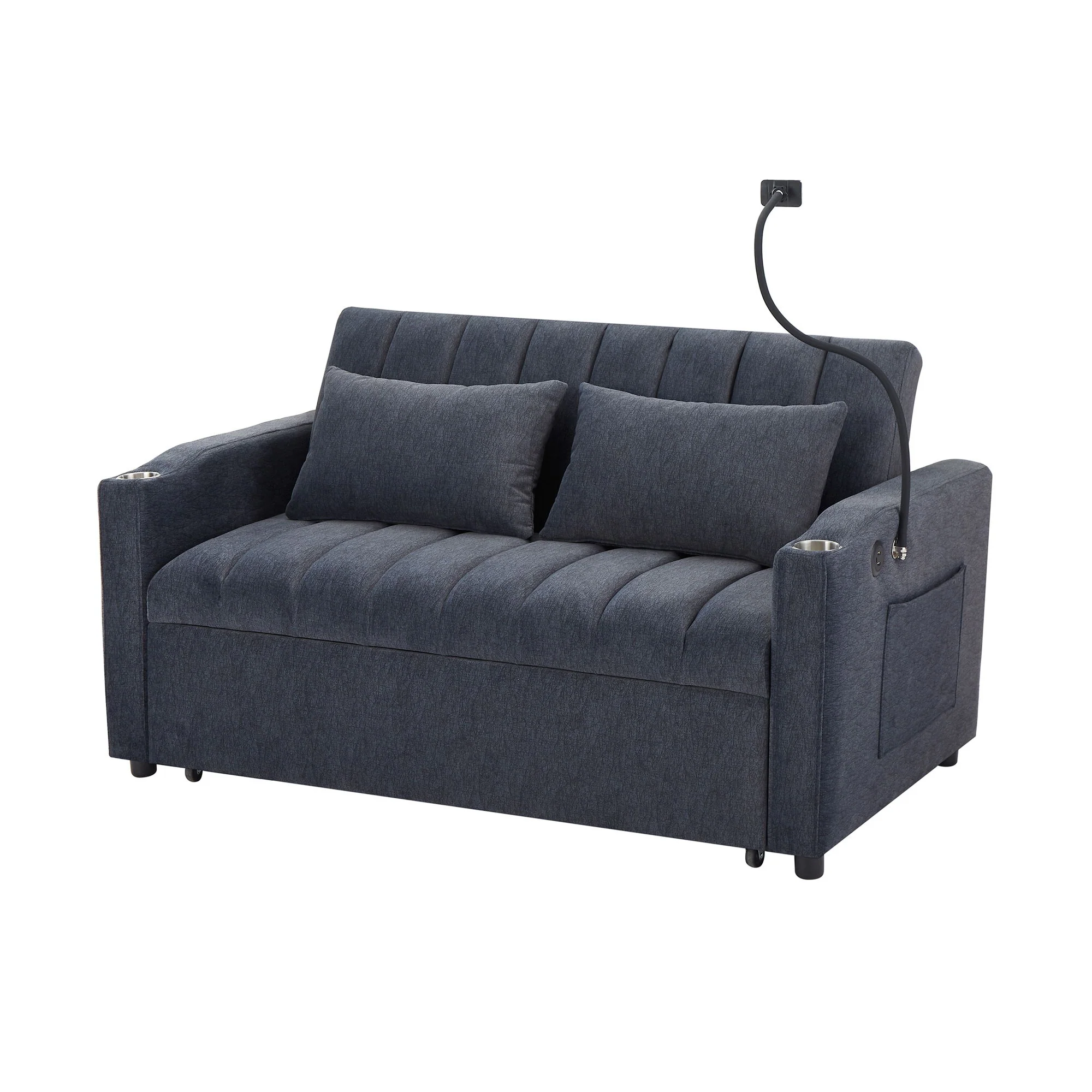 Convertible Sofa Bed Loveseat Sofa With Three USB Ports, Two Side Pockets, Two Cup Holders And 360° swivel Phone Holder For Living Room - Image 4